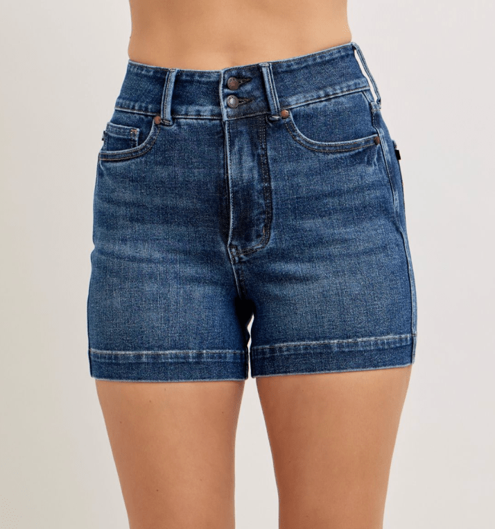 Judy Blue High Waist Tummy Control Slim Fit Double Button Shorts - Whiskey Skies - JUDY BLUE