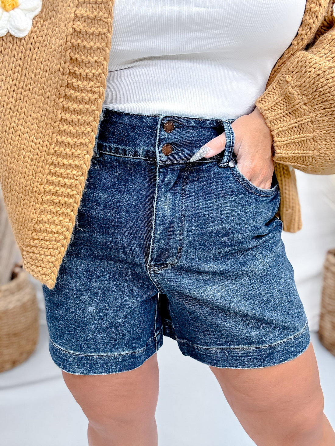 Judy Blue High Waist Tummy Control Slim Fit Double Button Shorts - Whiskey Skies - JUDY BLUE