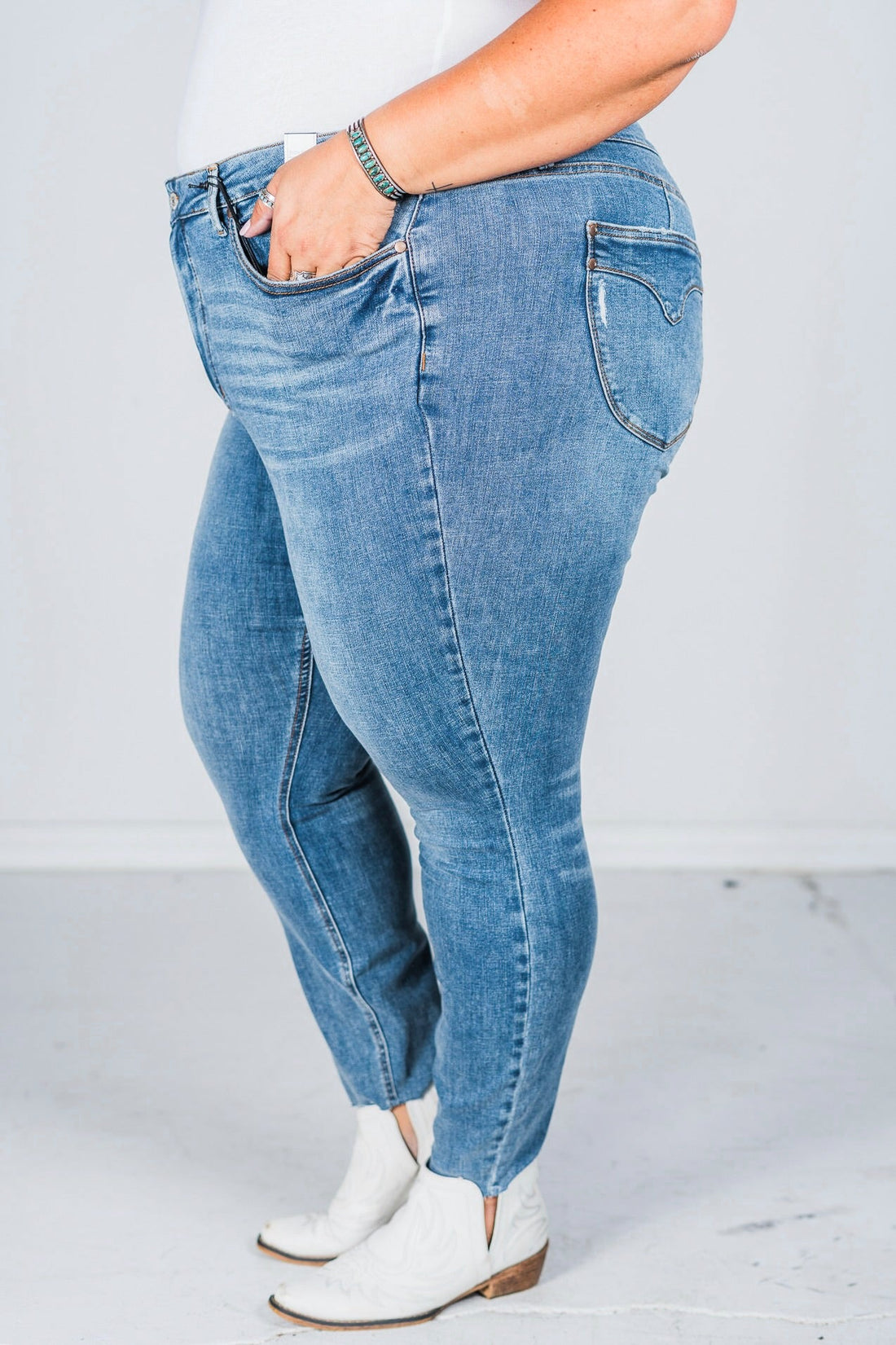 Judy Blue High Waist Tummy Control Vintage Shield Pockets Skinny Jeans - Whiskey Skies - JUDY BLUE