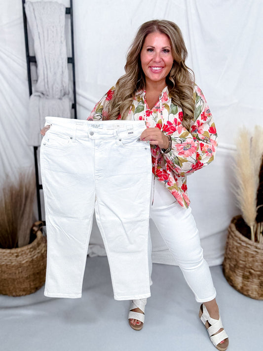 Judy Blue High Waist Tummy Control White Capris W/ Spade Pockets - Whiskey Skies - JUDY BLUE