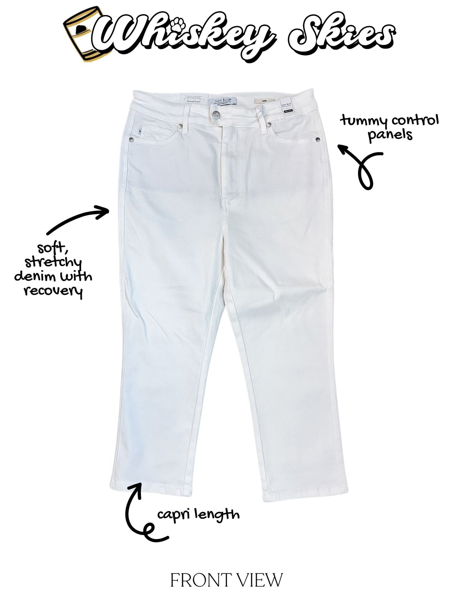 Judy Blue High Waist Tummy Control White Capris W/ Spade Pockets - Whiskey Skies - JUDY BLUE
