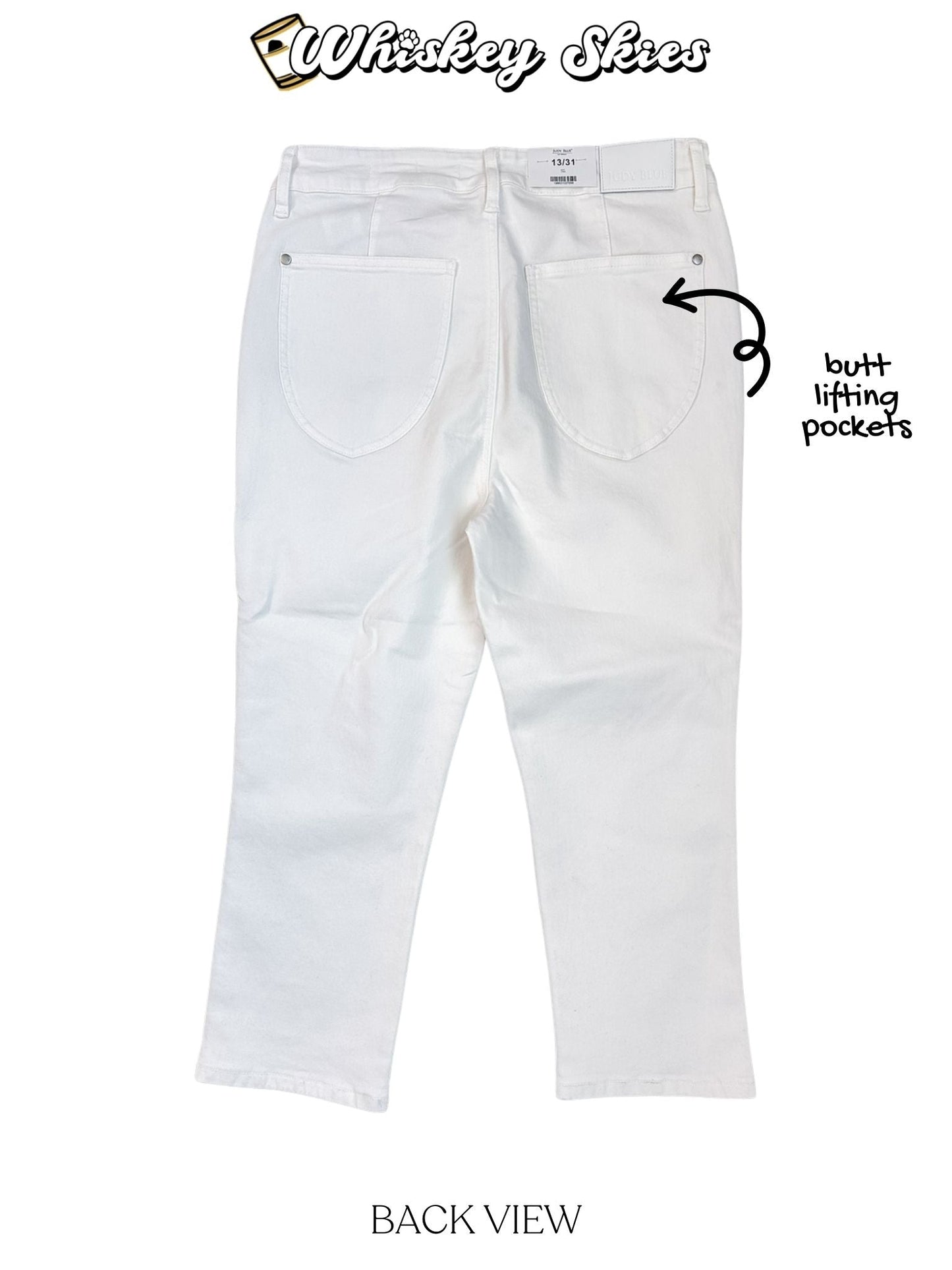 Judy Blue High Waist Tummy Control White Capris W/ Spade Pockets - Whiskey Skies - JUDY BLUE