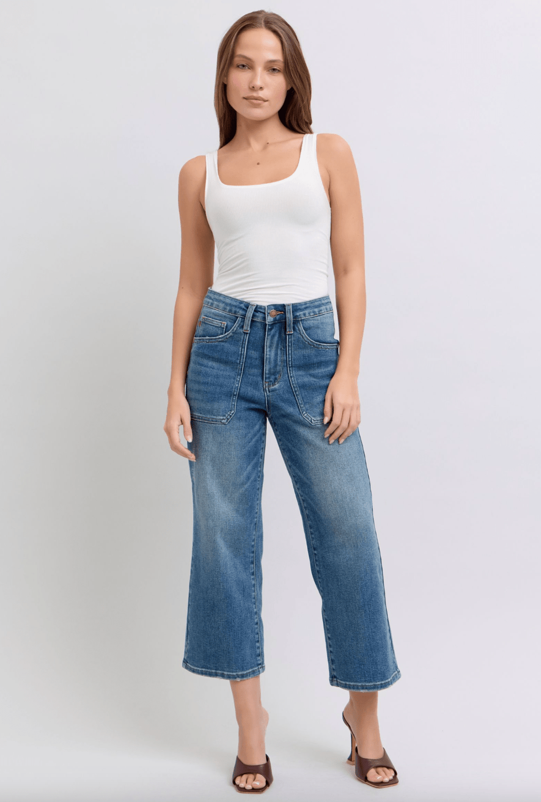 Judy Blue High Waist Utility Pocket Wide Cropped Jeans - Whiskey Skies - JUDY BLUE