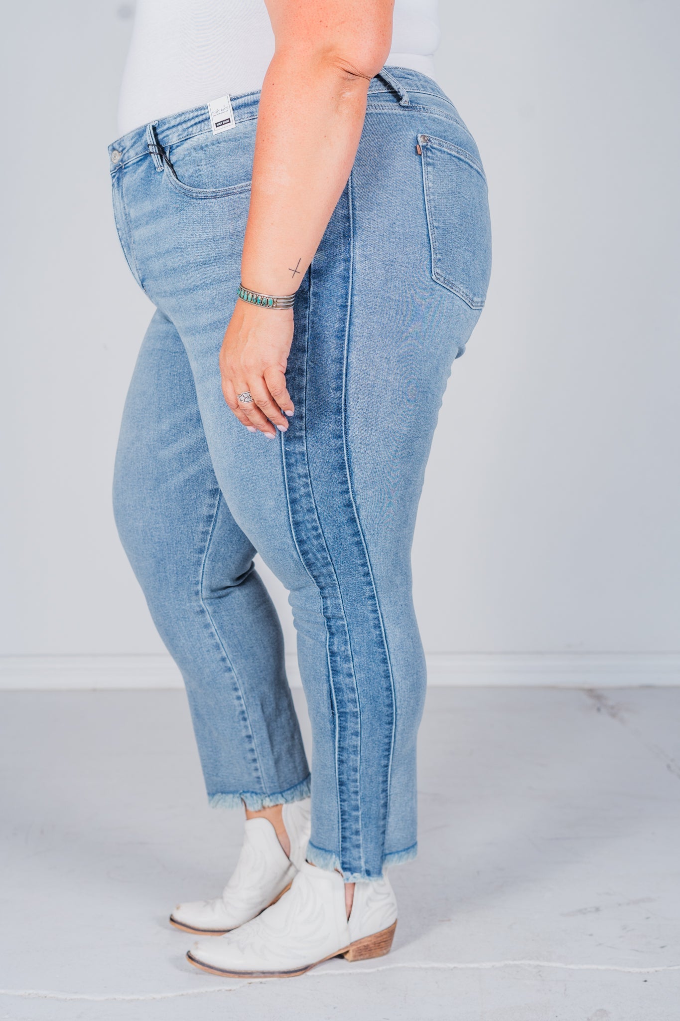 Judy Blue High Waist Vintage Wash Side Panel Detail & Hi - Lo Fray Hem Slim Jeans - Whiskey Skies - JUDY BLUE