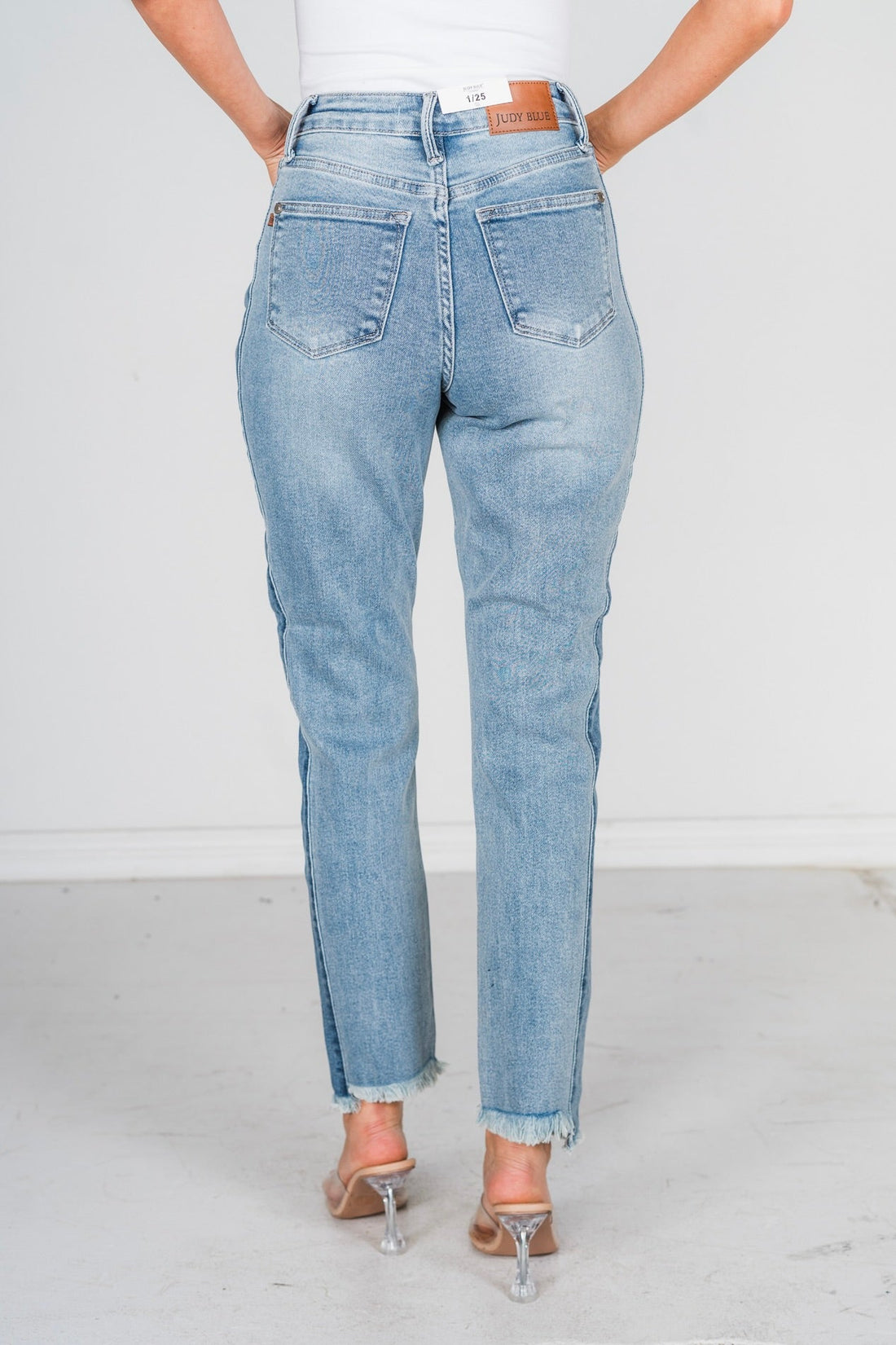 Judy Blue High Waist Vintage Wash Side Panel Detail & Hi - Lo Fray Hem Slim Jeans - Whiskey Skies - JUDY BLUE