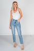 Judy Blue High Waist Vintage Wash Side Panel Detail & Hi - Lo Fray Hem Slim Jeans - Whiskey Skies - JUDY BLUE