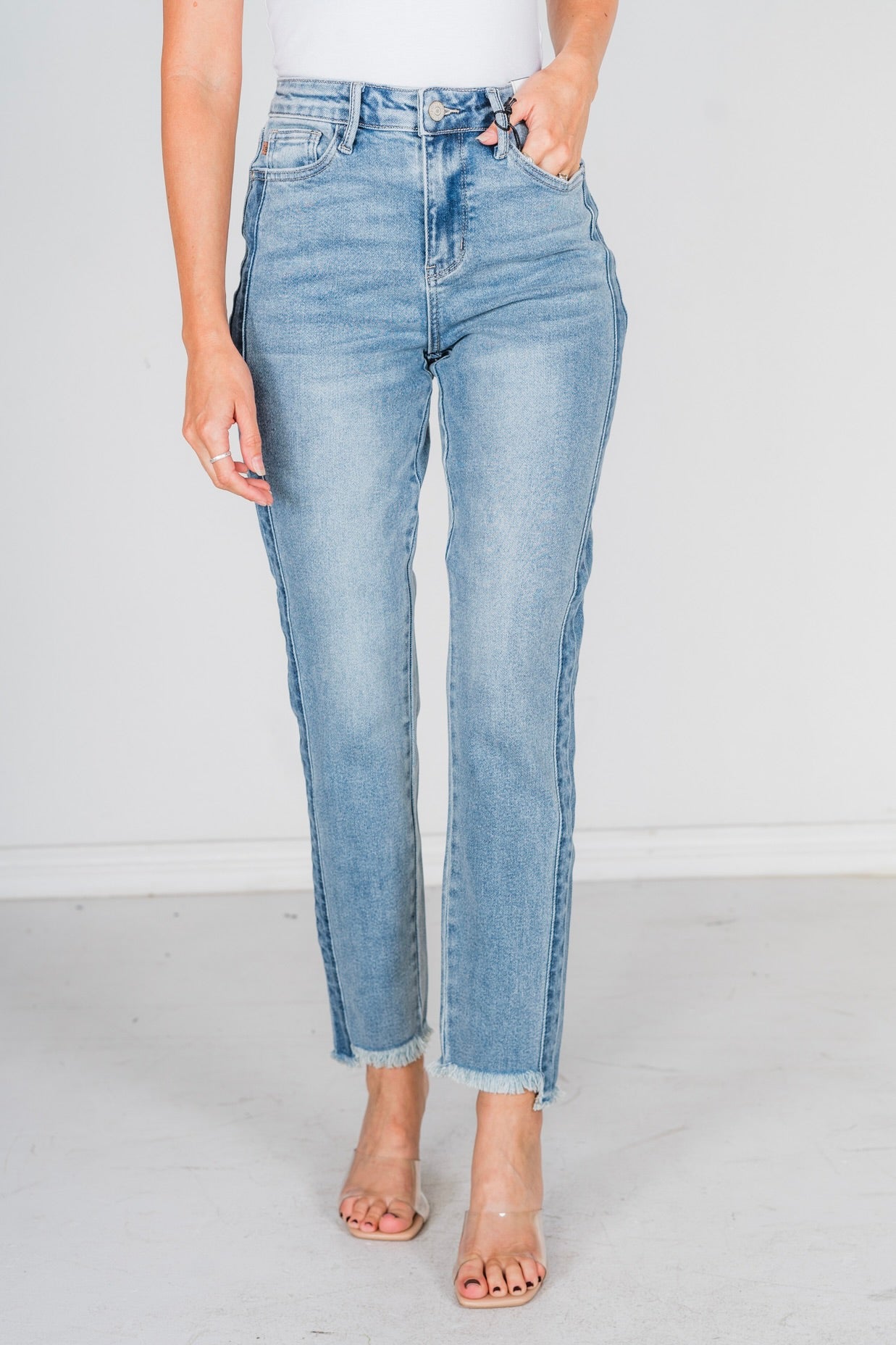 Judy Blue High Waist Vintage Wash Side Panel Detail & Hi - Lo Fray Hem Slim Jeans - Whiskey Skies - JUDY BLUE