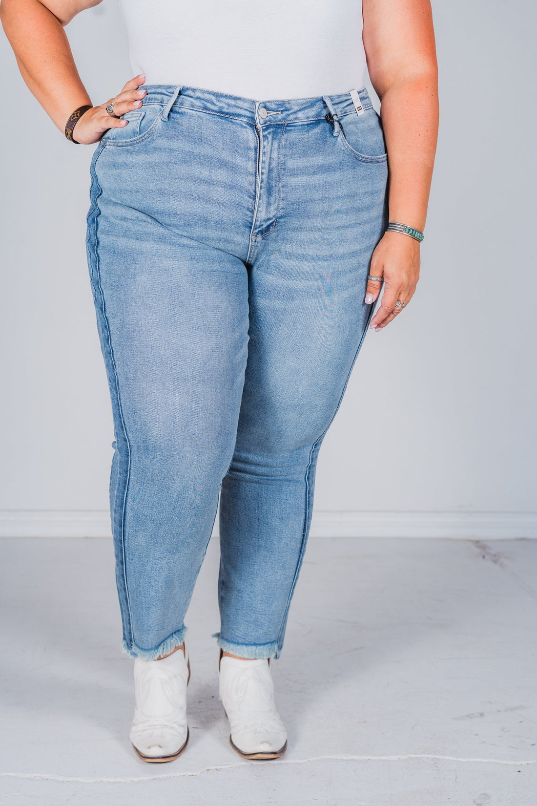 Judy Blue High Waist Vintage Wash Side Panel Detail & Hi - Lo Fray Hem Slim Jeans - Whiskey Skies - JUDY BLUE