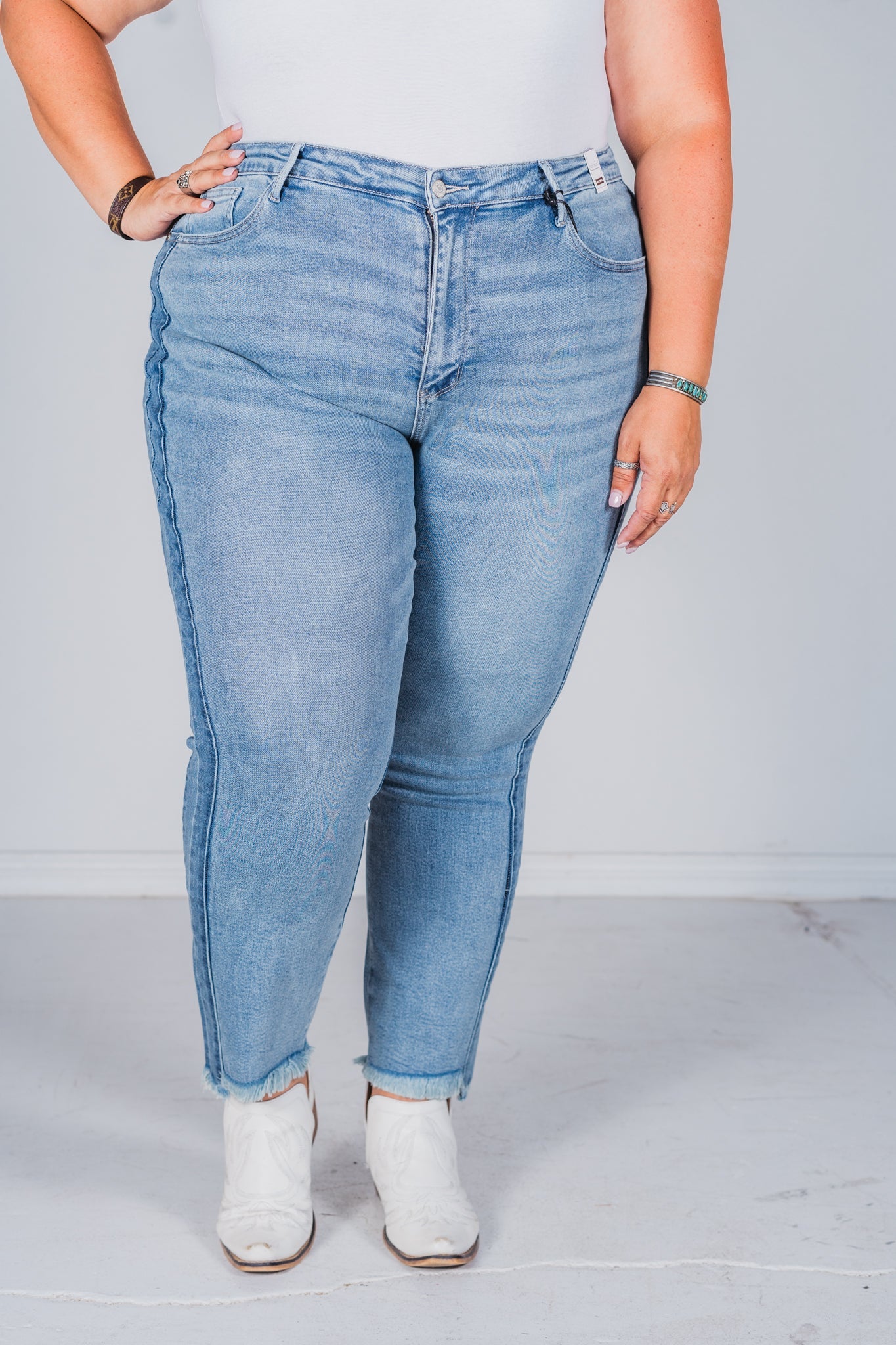 Judy Blue High Waist Vintage Wash Side Panel Detail & Hi - Lo Fray Hem Slim Jeans - Whiskey Skies - JUDY BLUE