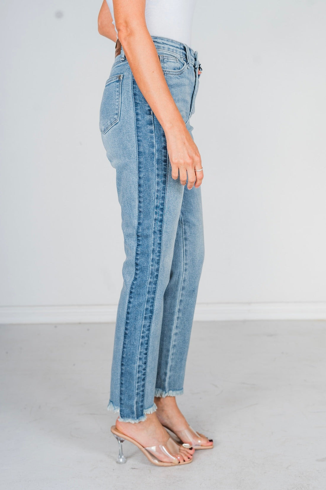 Judy Blue High Waist Vintage Wash Side Panel Detail & Hi - Lo Fray Hem Slim Jeans - Whiskey Skies - JUDY BLUE