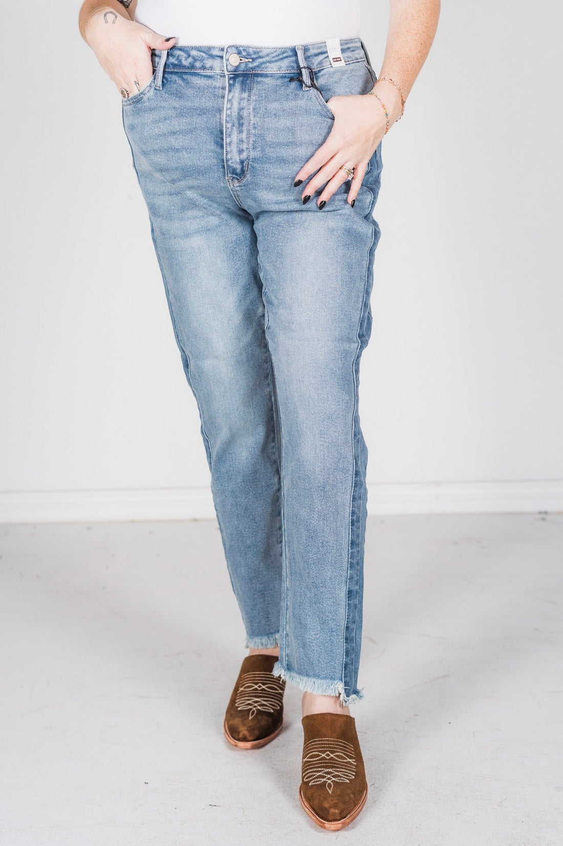 Judy Blue High Waist Vintage Wash Side Panel Detail & Hi - Lo Fray Hem Slim Jeans - Whiskey Skies - JUDY BLUE