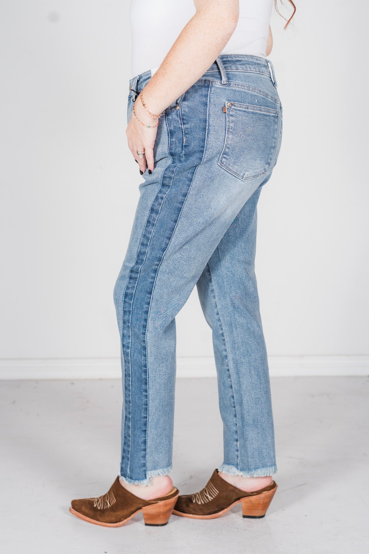 Judy Blue High Waist Vintage Wash Side Panel Detail & Hi - Lo Fray Hem Slim Jeans - Whiskey Skies - JUDY BLUE