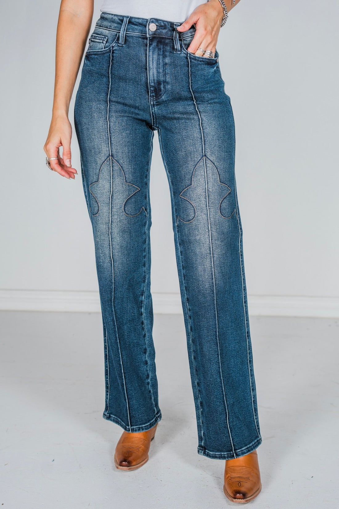 Judy Blue High - Waist Western Seam Detailed Straight Leg Jeans - Whiskey Skies - JUDY BLUE