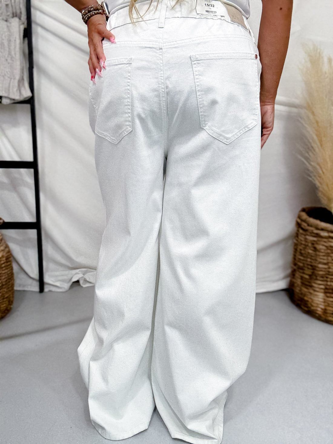 Judy Blue High Waist White Featherweight Palazzo Pants W/ Elastic Waist - Whiskey Skies - JUDY BLUE