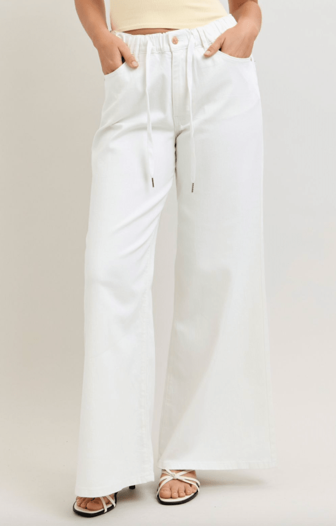 Judy Blue High Waist White Featherweight Palazzo Pants W/ Elastic Waist - Whiskey Skies - JUDY BLUE