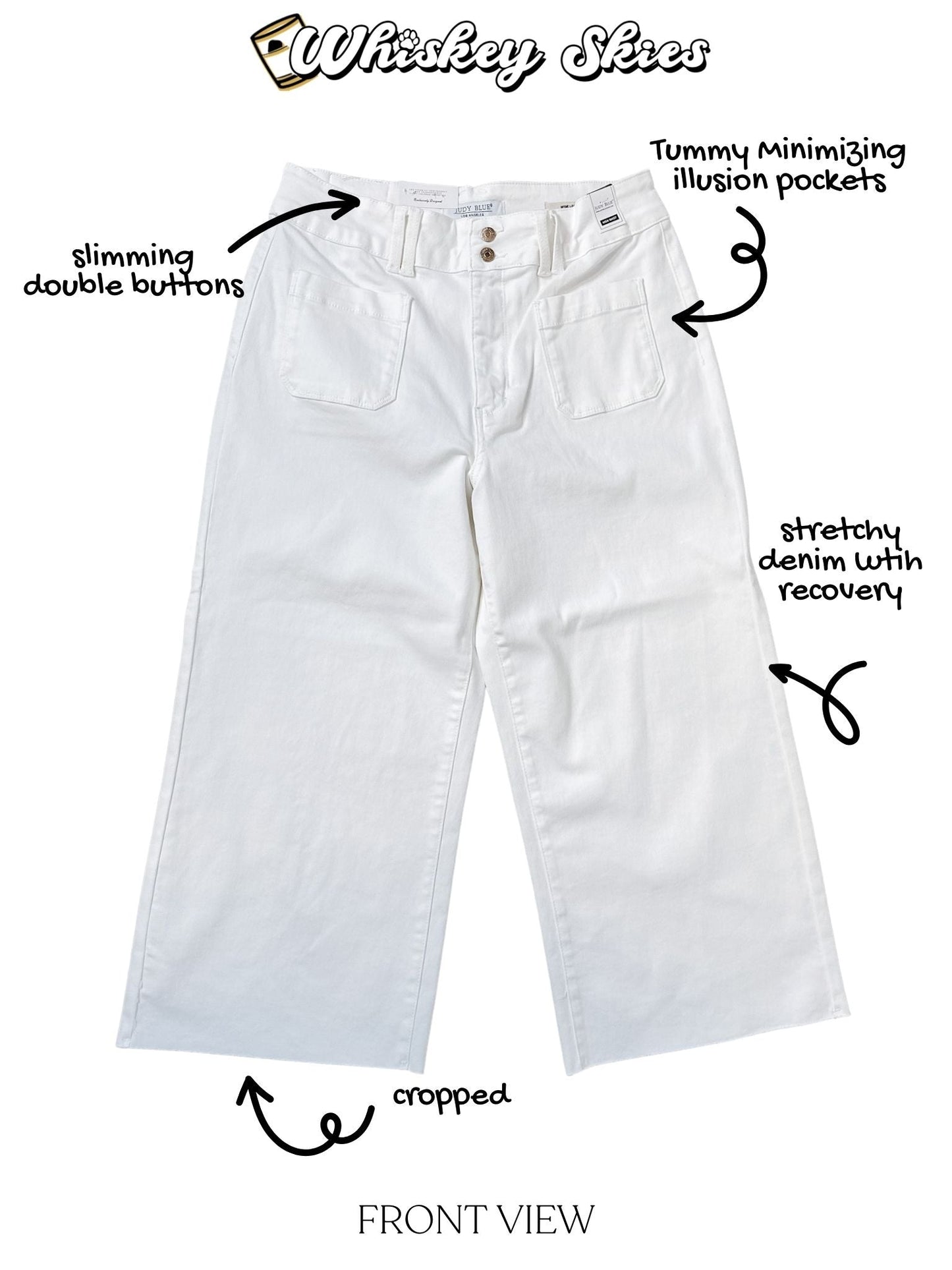 Judy Blue High - Waist White Wide Leg Crop Front Patch Pocket Jeans - Whiskey Skies - JUDY BLUE