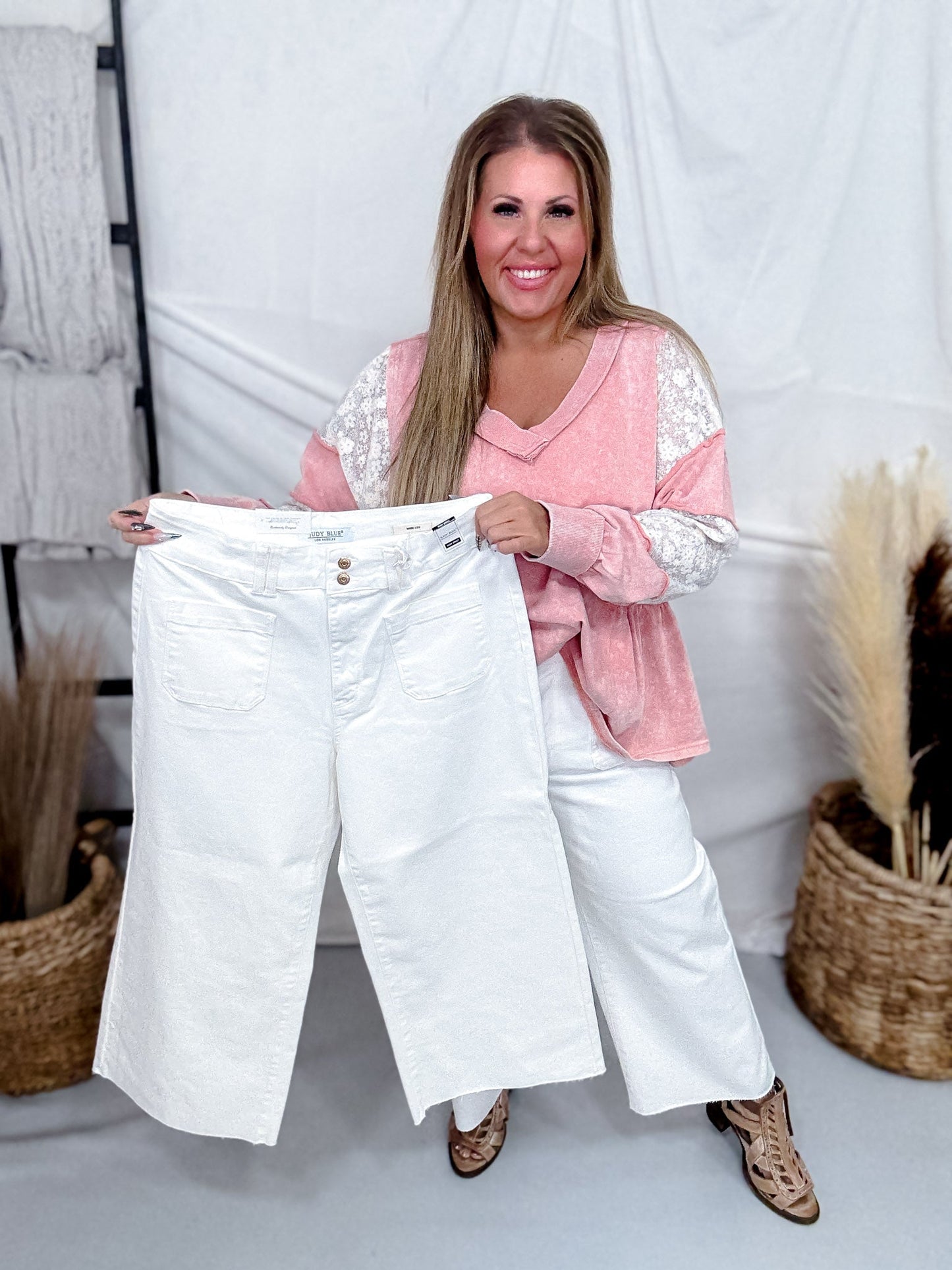 Judy Blue High - Waist White Wide Leg Crop Front Patch Pocket Jeans - Whiskey Skies - JUDY BLUE