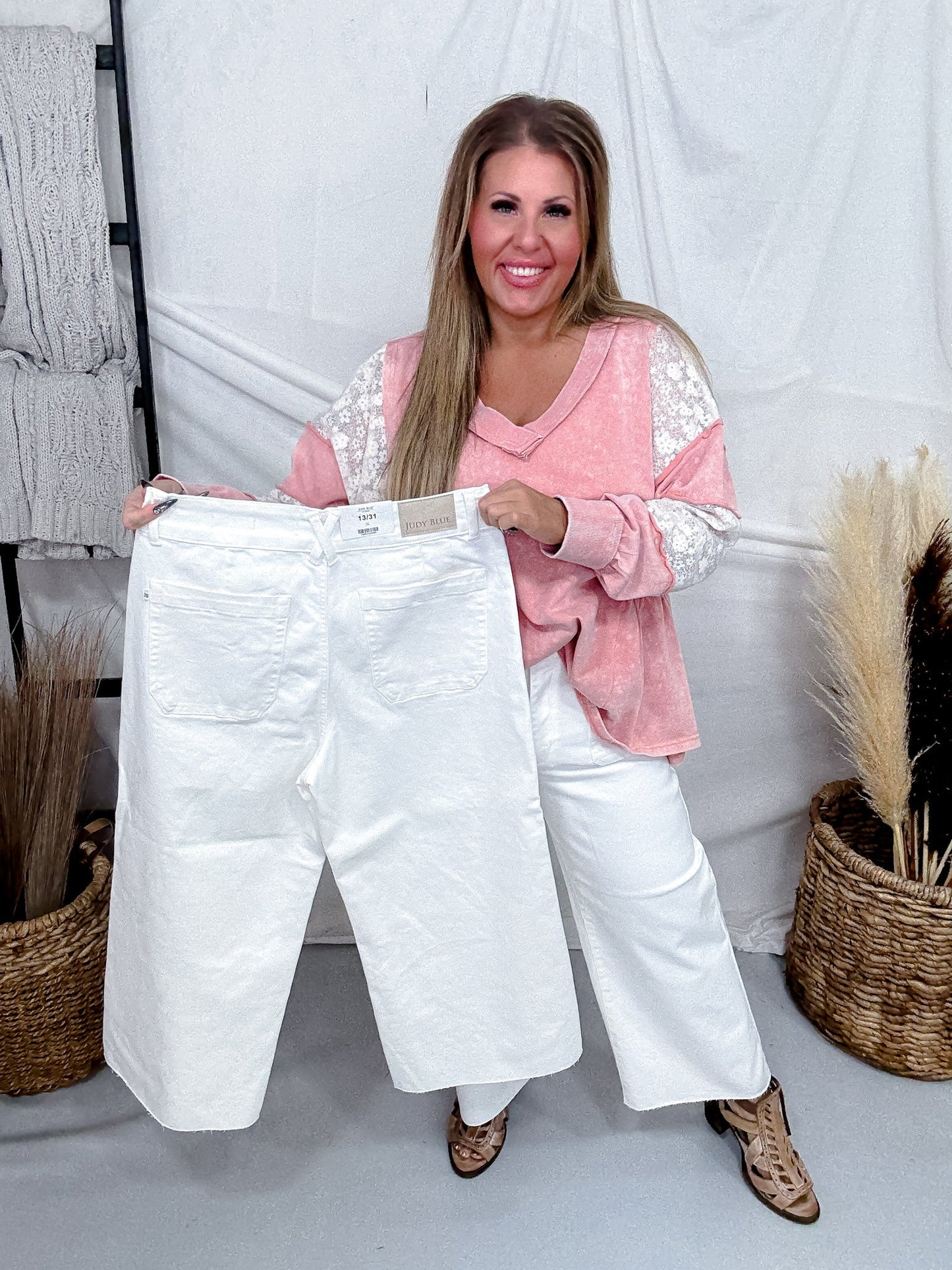 Judy Blue High - Waist White Wide Leg Crop Front Patch Pocket Jeans - Whiskey Skies - JUDY BLUE