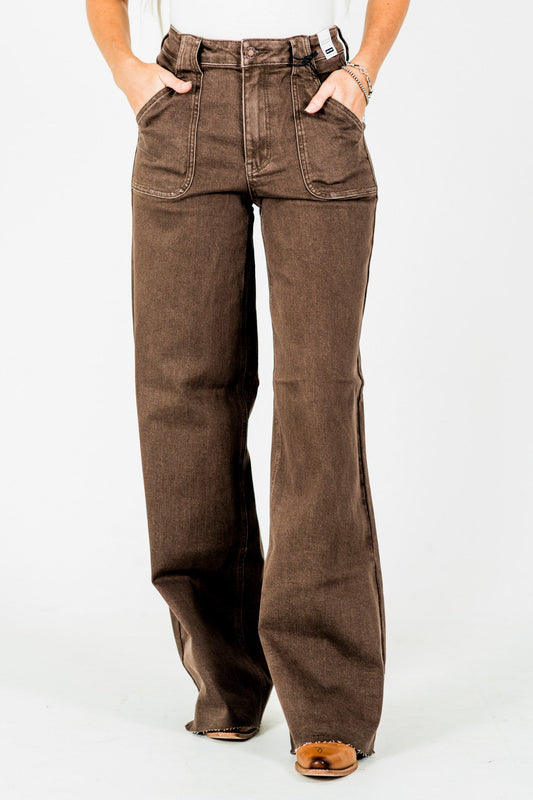 Judy Blue High - Waist Wide Leg Brown Jeans W/ Front Patch Pockets - Whiskey Skies - JUDY BLUE