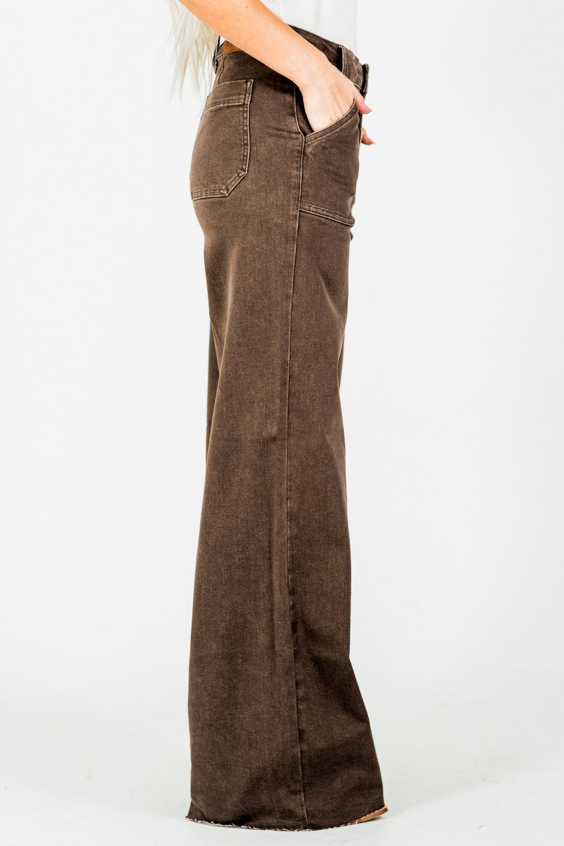 Judy Blue High - Waist Wide Leg Brown Jeans W/ Front Patch Pockets - Whiskey Skies - JUDY BLUE