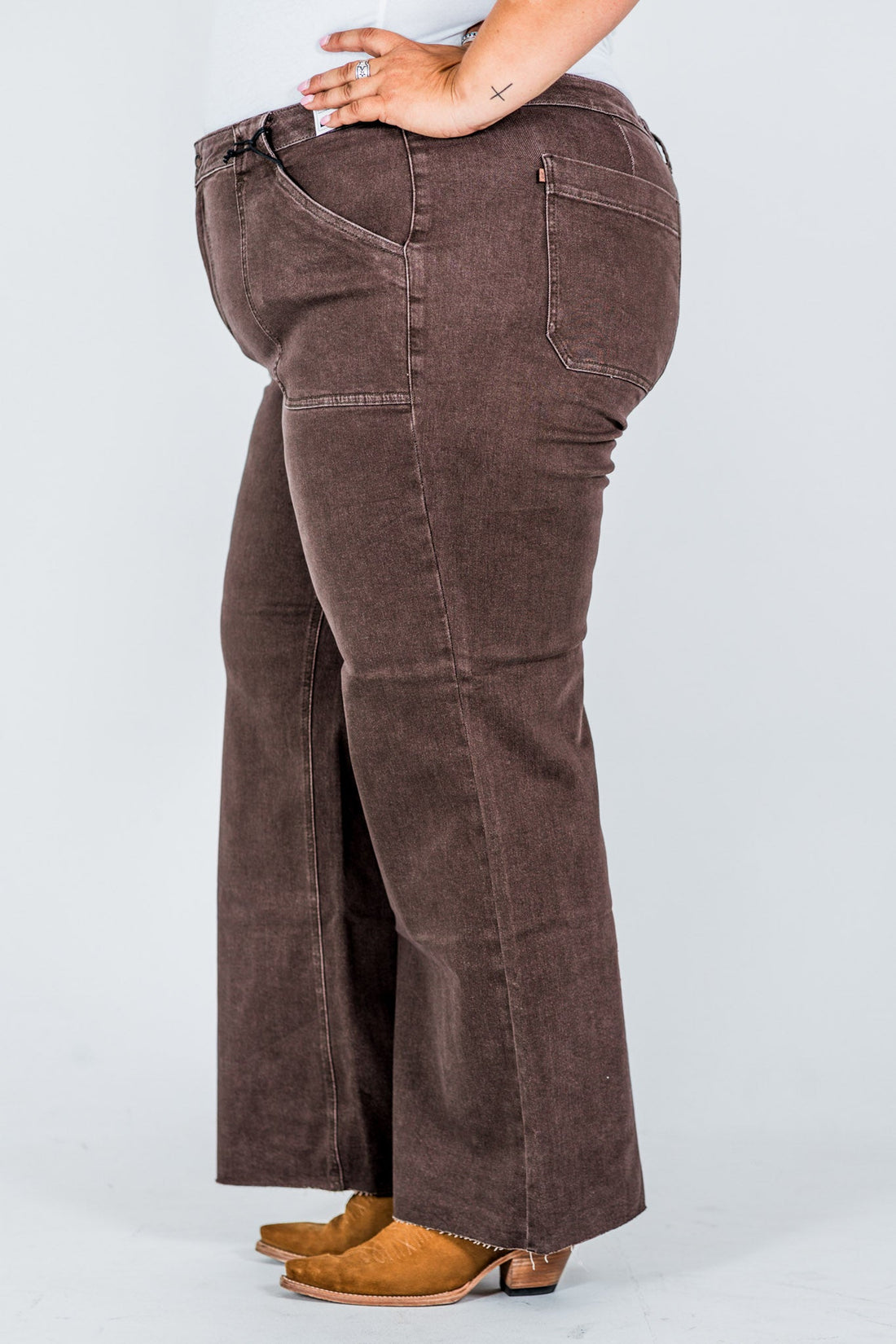Judy Blue High - Waist Wide Leg Brown Jeans W/ Front Patch Pockets - Whiskey Skies - JUDY BLUE