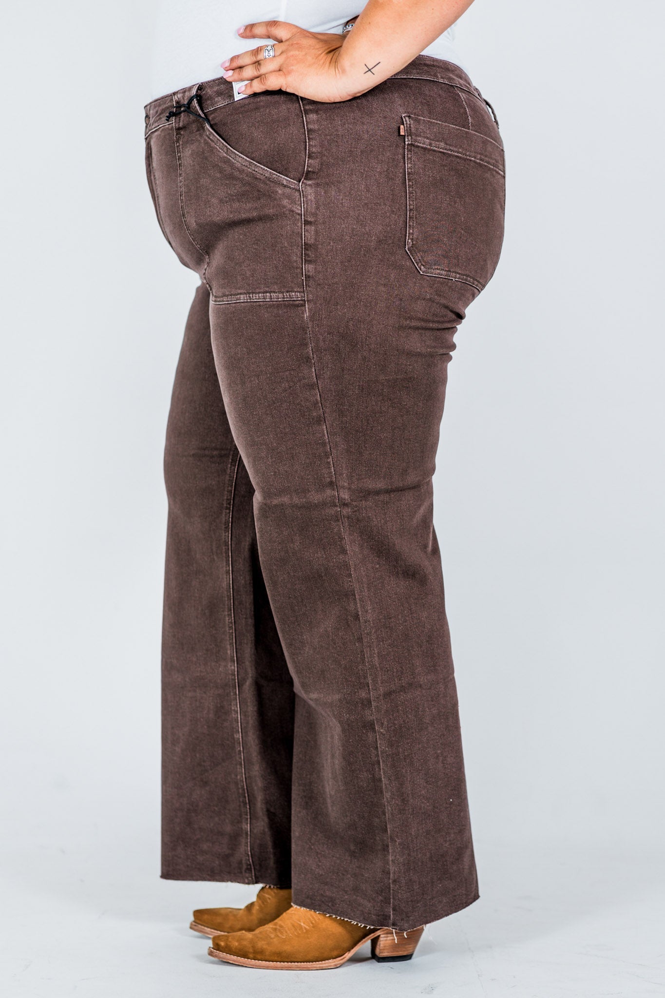 Judy Blue High - Waist Wide Leg Brown Jeans W/ Front Patch Pockets - Whiskey Skies - JUDY BLUE