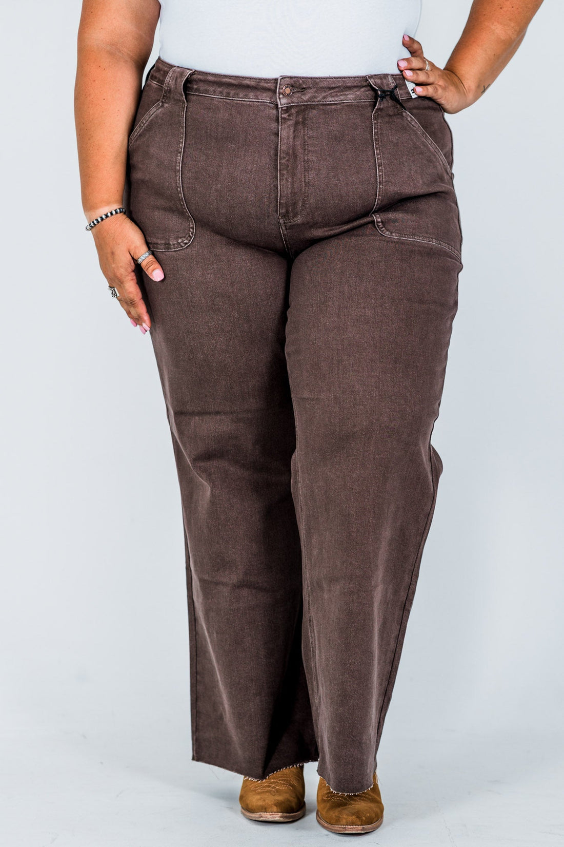 Judy Blue High - Waist Wide Leg Brown Jeans W/ Front Patch Pockets - Whiskey Skies - JUDY BLUE