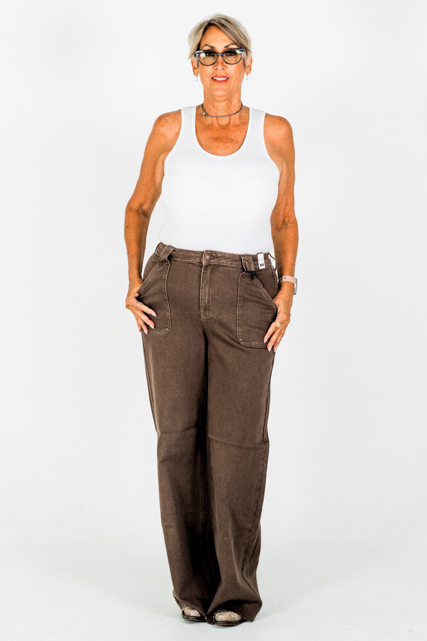Judy Blue High - Waist Wide Leg Brown Jeans W/ Front Patch Pockets - Whiskey Skies - JUDY BLUE