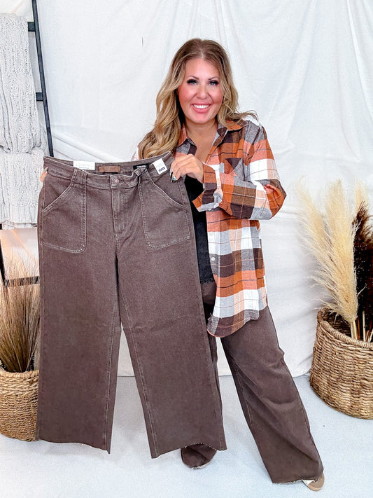 Judy Blue High - Waist Wide Leg Brown Jeans W/ Front Patch Pockets - Whiskey Skies - JUDY BLUE