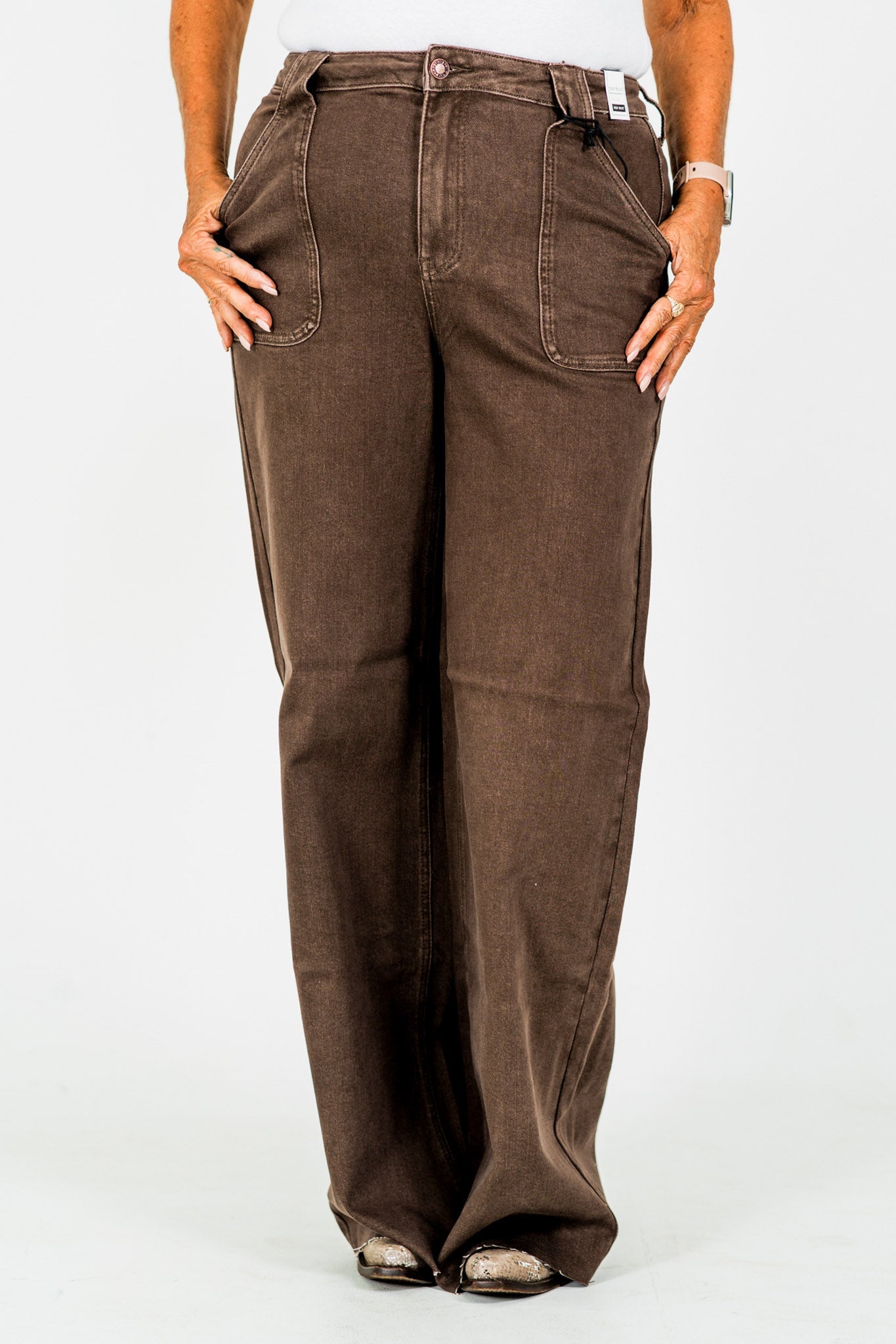 Judy Blue High - Waist Wide Leg Brown Jeans W/ Front Patch Pockets - Whiskey Skies - JUDY BLUE