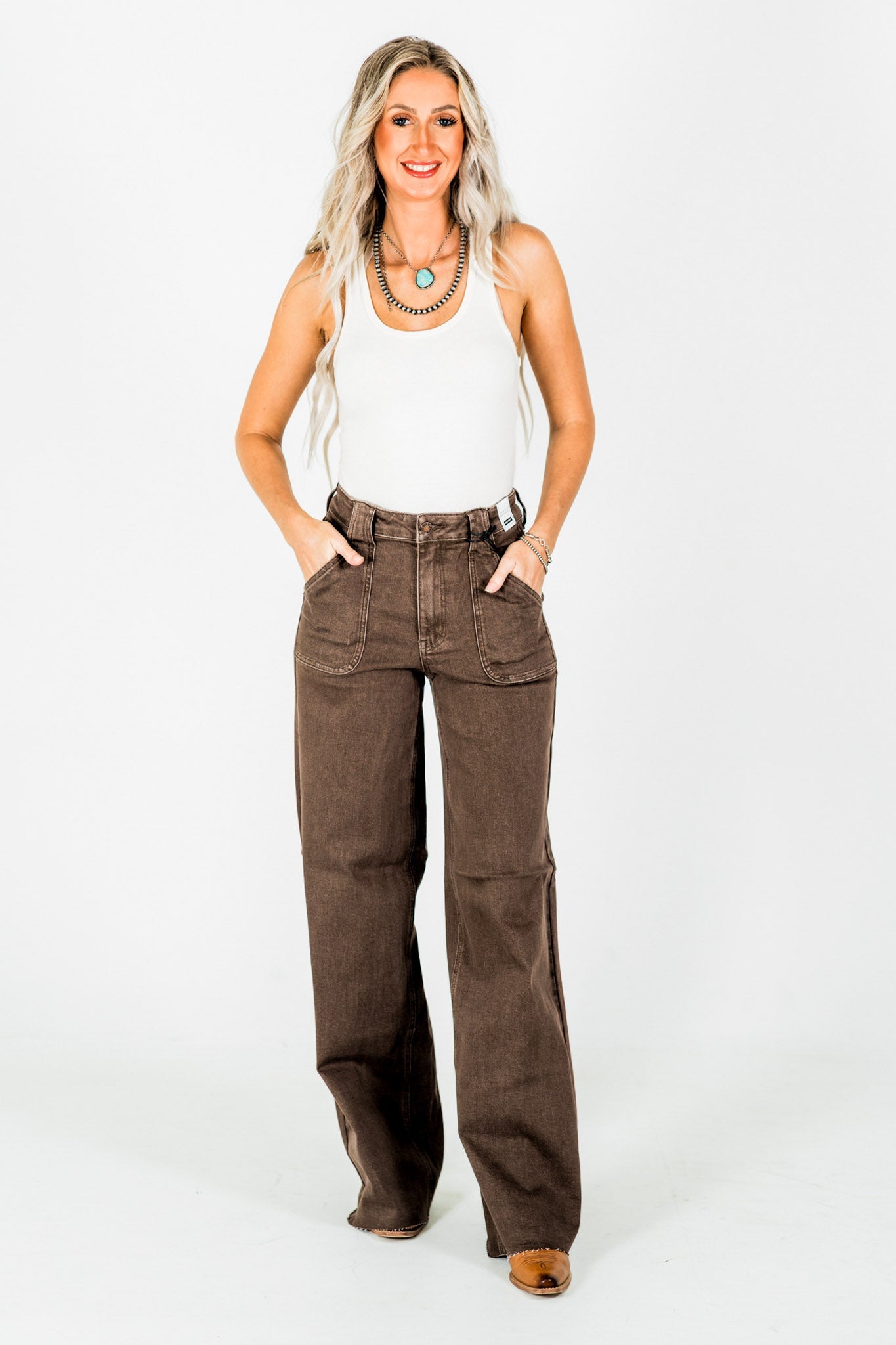 Judy Blue High - Waist Wide Leg Brown Jeans W/ Front Patch Pockets - Whiskey Skies - JUDY BLUE