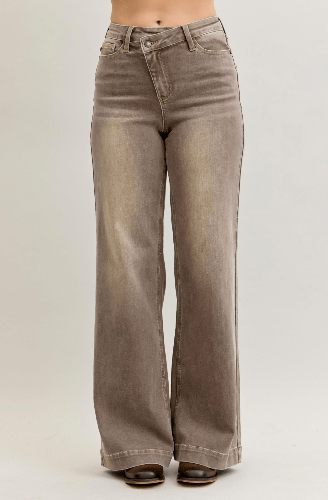 Judy Blue High - Waist Wide Leg Clay Yarned Dyed Criss Cross Waist Band Jeans - Whiskey Skies - JUDY BLUE