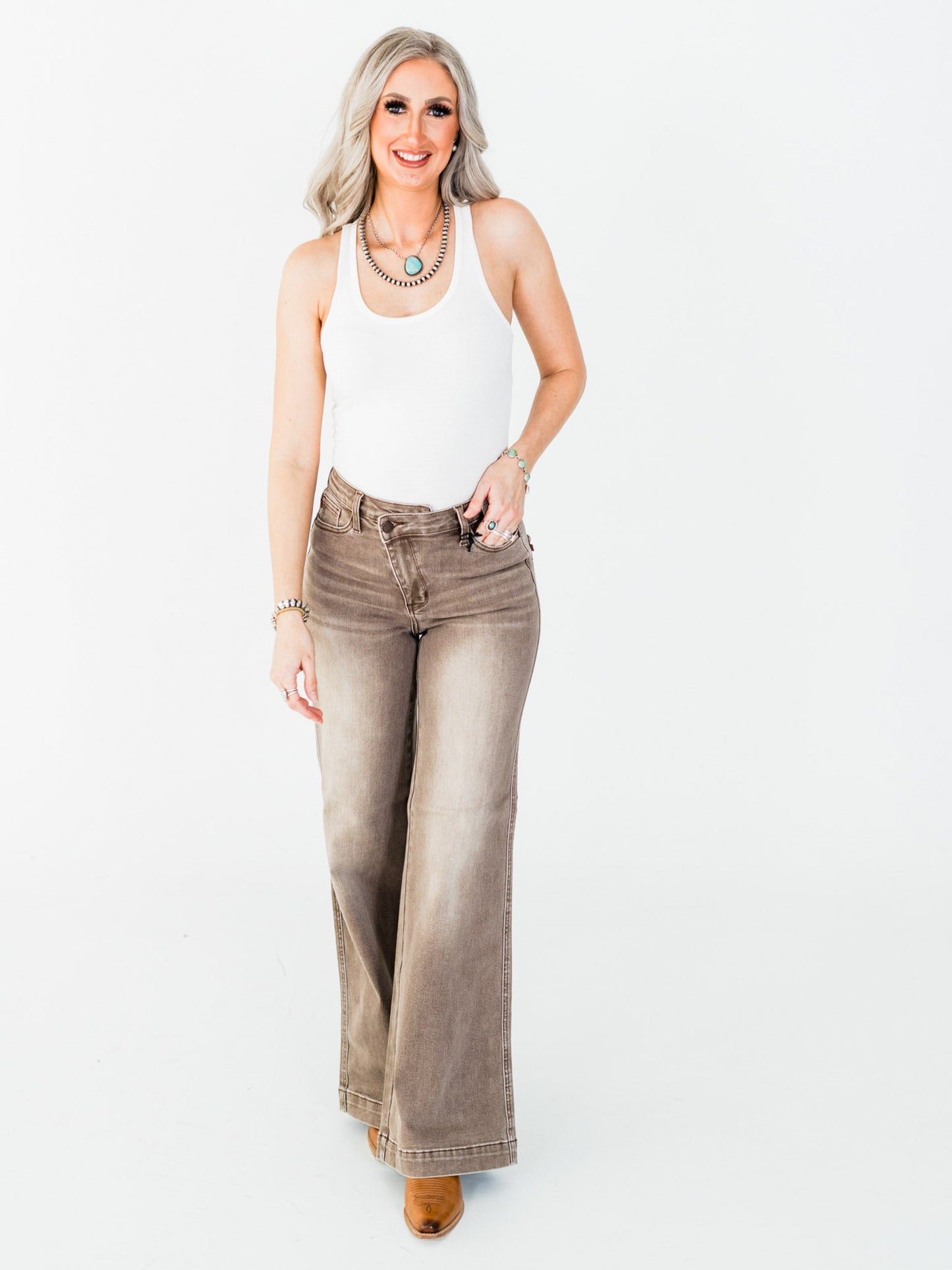 Judy Blue High - Waist Wide Leg Clay Yarned Dyed Criss Cross Waist Band Jeans - Whiskey Skies - JUDY BLUE