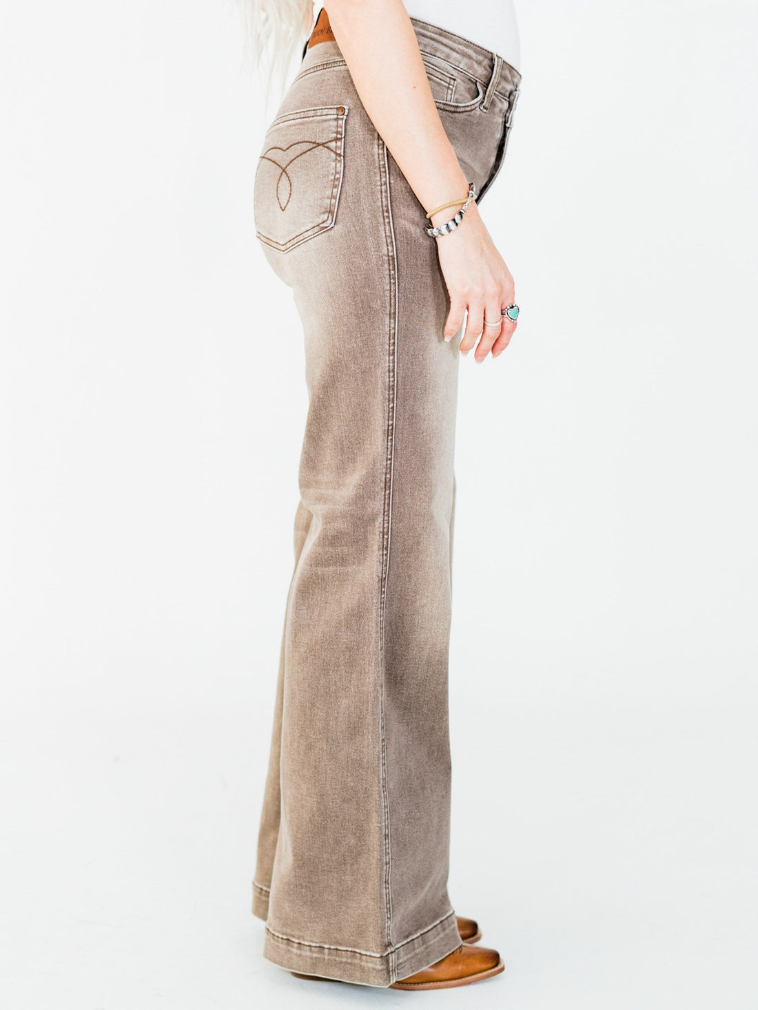 Judy Blue High - Waist Wide Leg Clay Yarned Dyed Criss Cross Waist Band Jeans - Whiskey Skies - JUDY BLUE