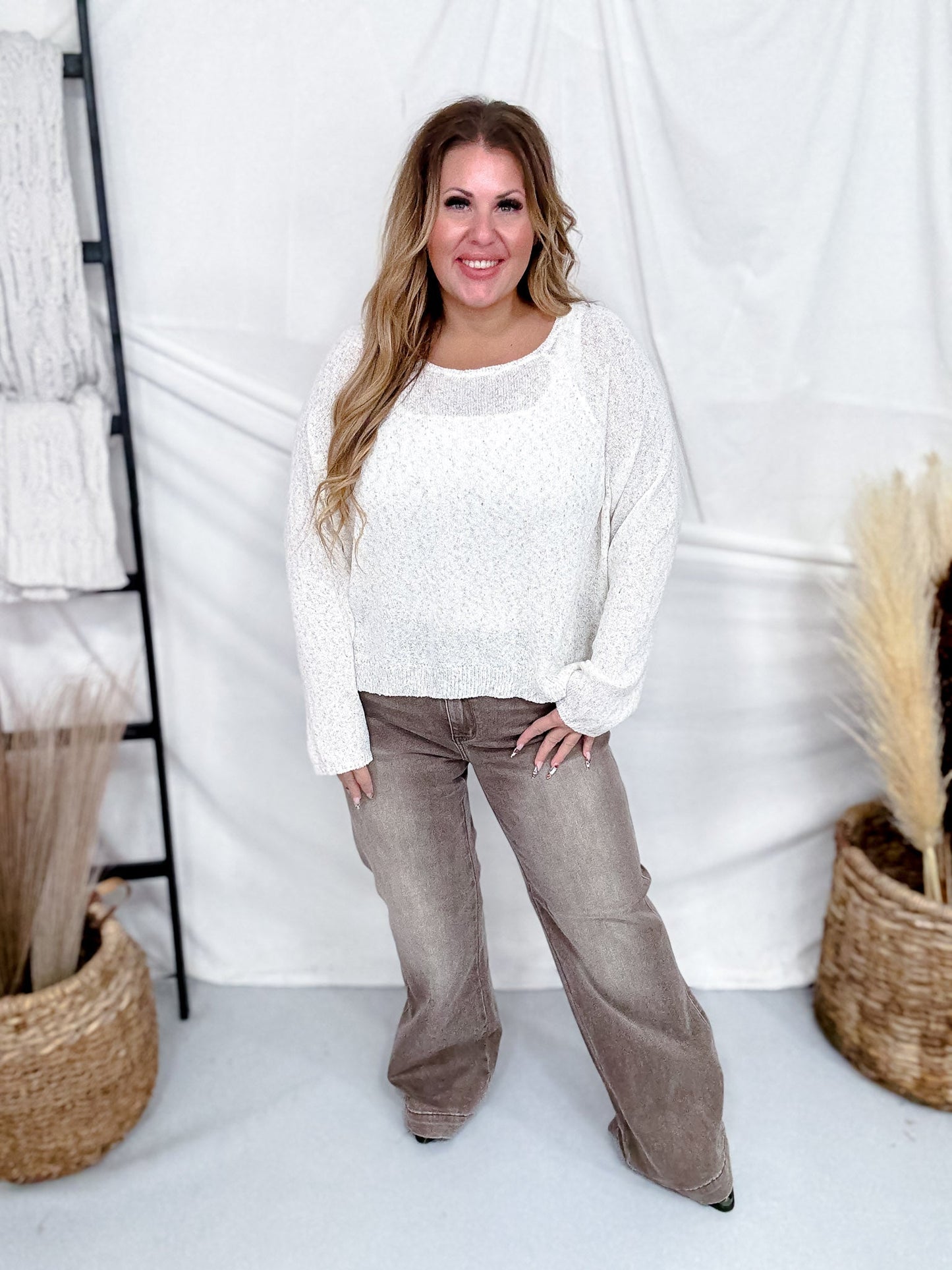 Judy Blue High - Waist Wide Leg Clay Yarned Dyed Criss Cross Waist Band Jeans - Whiskey Skies - JUDY BLUE