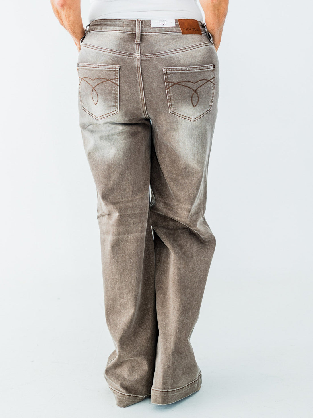 Judy Blue High - Waist Wide Leg Clay Yarned Dyed Criss Cross Waist Band Jeans - Whiskey Skies - JUDY BLUE