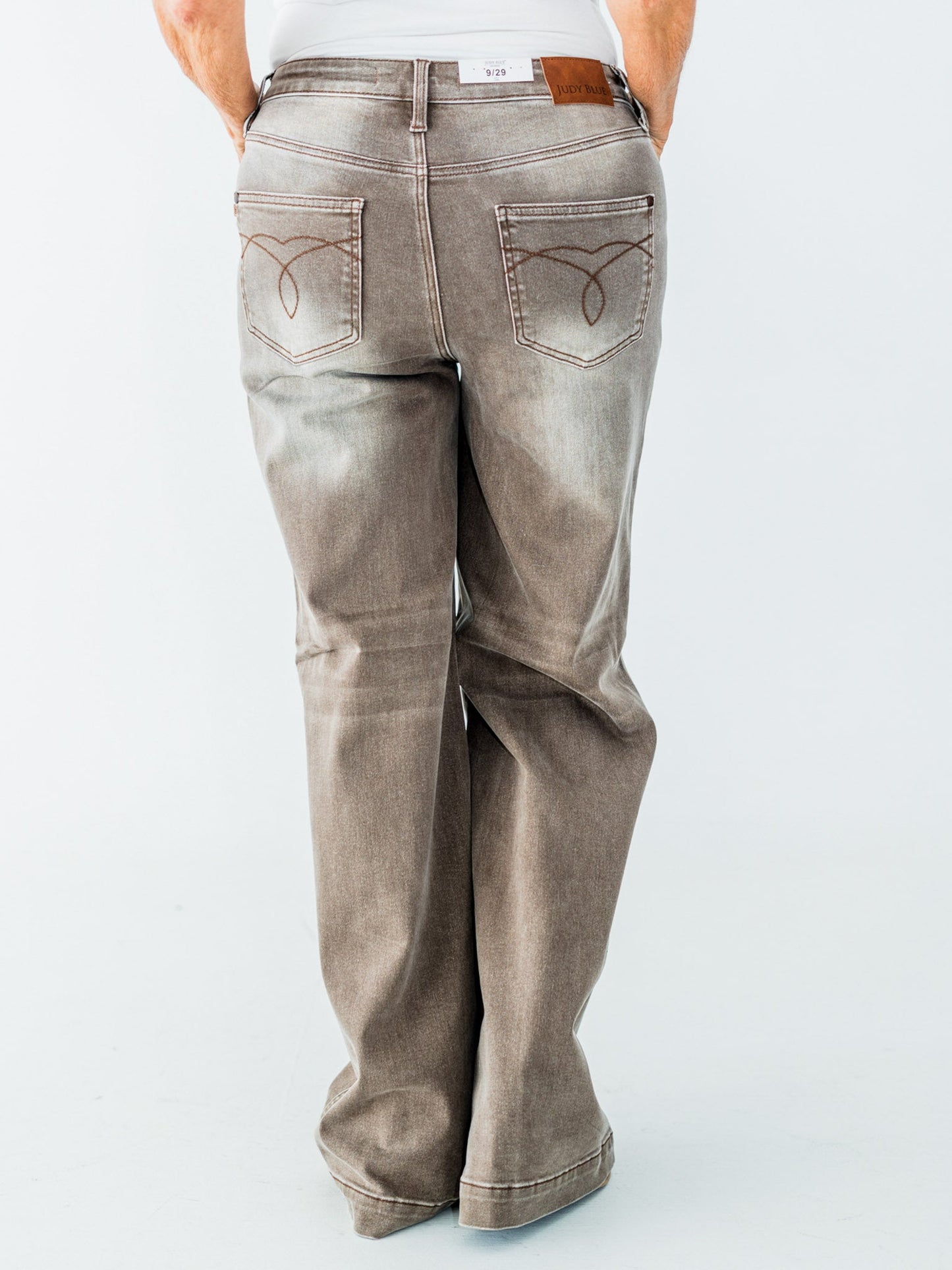 Judy Blue High - Waist Wide Leg Clay Yarned Dyed Criss Cross Waist Band Jeans - Whiskey Skies - JUDY BLUE