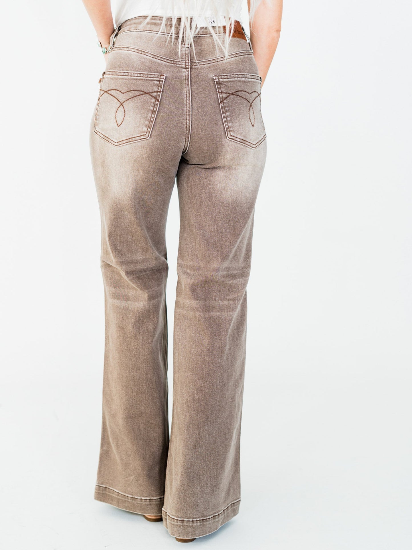 Judy Blue High - Waist Wide Leg Clay Yarned Dyed Criss Cross Waist Band Jeans - Whiskey Skies - JUDY BLUE