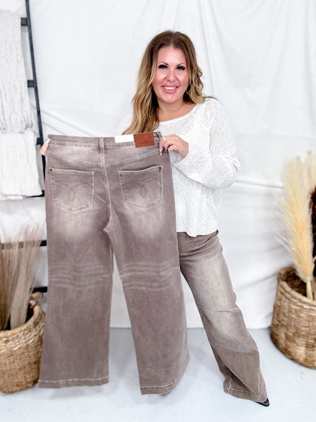 Judy Blue High - Waist Wide Leg Clay Yarned Dyed Criss Cross Waist Band Jeans - Whiskey Skies - JUDY BLUE