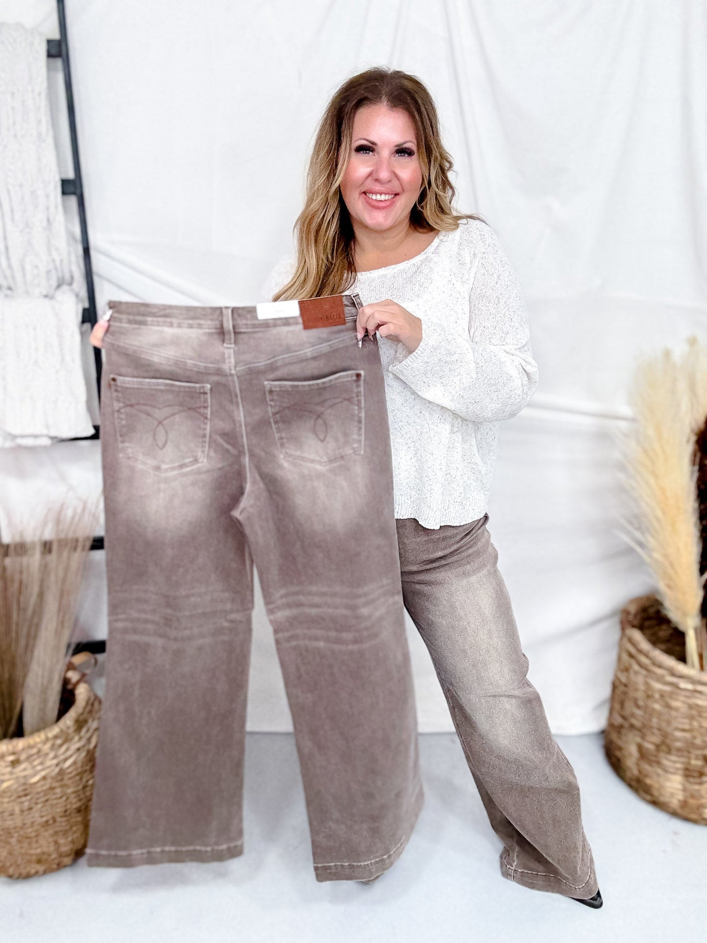 Judy Blue High - Waist Wide Leg Clay Yarned Dyed Criss Cross Waist Band Jeans - Whiskey Skies - JUDY BLUE