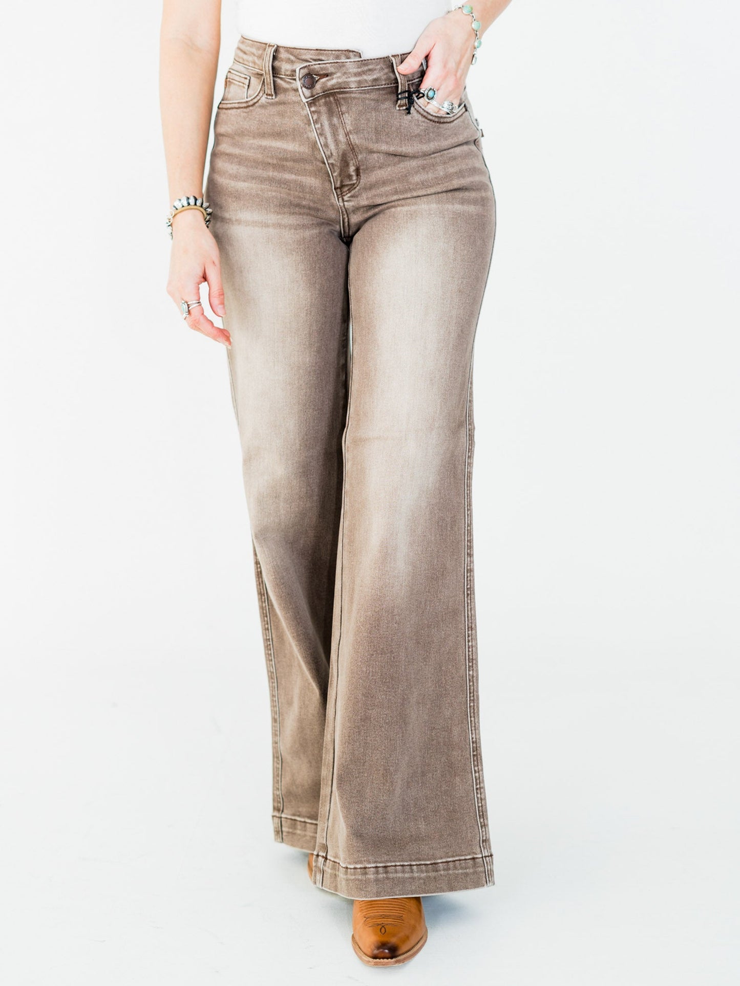 Judy Blue High - Waist Wide Leg Clay Yarned Dyed Criss Cross Waist Band Jeans - Whiskey Skies - JUDY BLUE