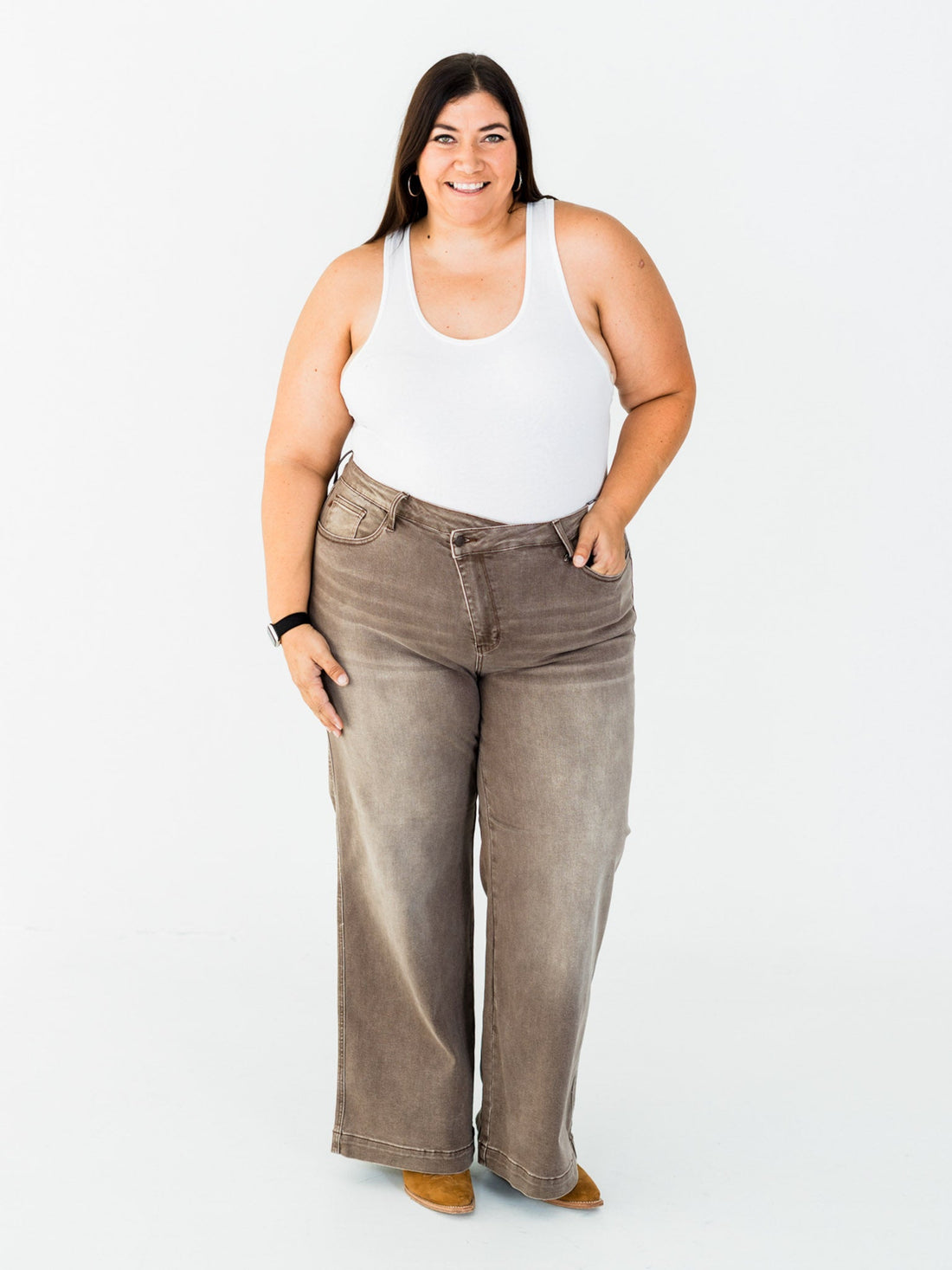 Judy Blue High - Waist Wide Leg Clay Yarned Dyed Criss Cross Waist Band Jeans - Whiskey Skies - JUDY BLUE