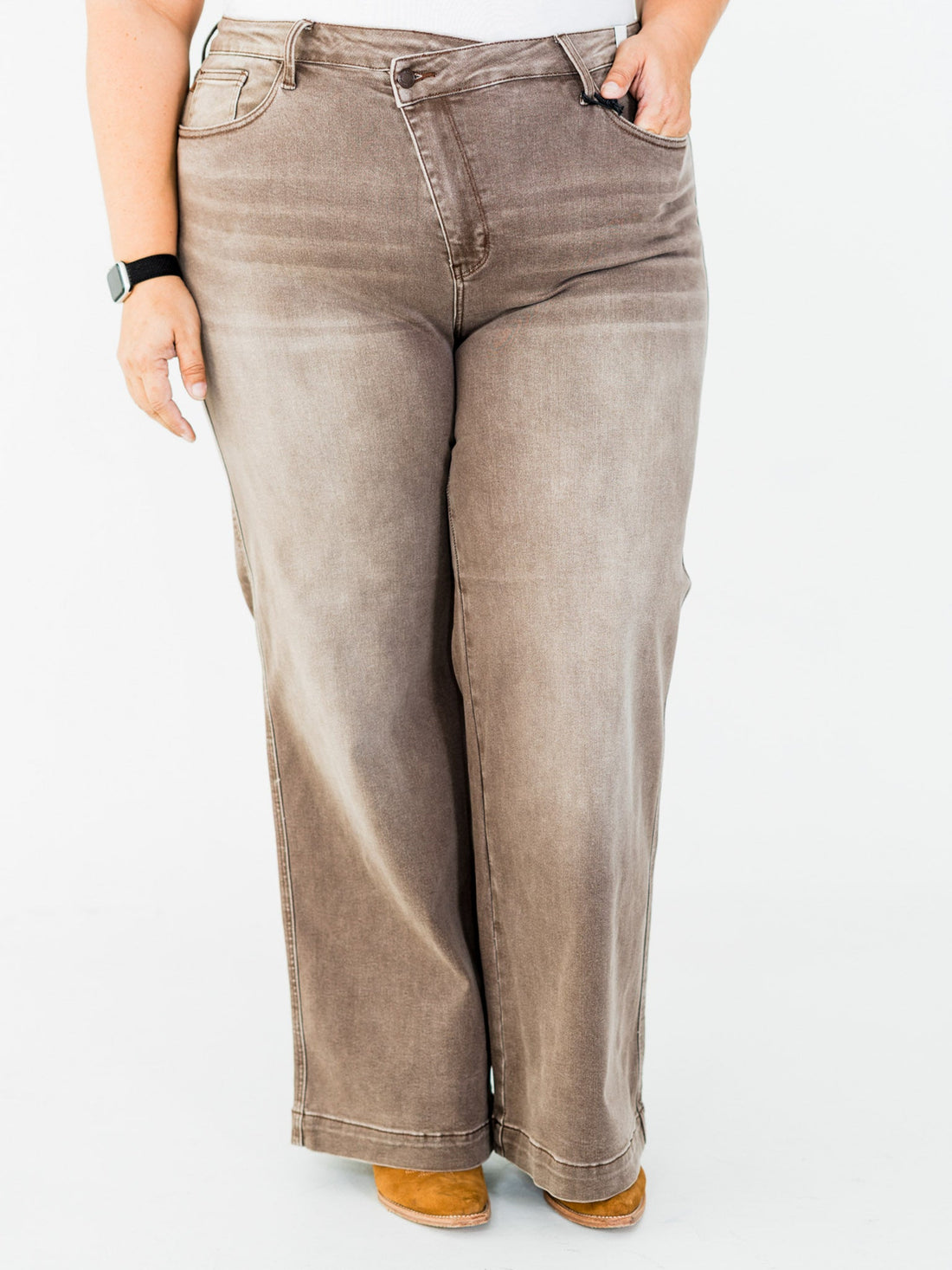 Judy Blue High - Waist Wide Leg Clay Yarned Dyed Criss Cross Waist Band Jeans - Whiskey Skies - JUDY BLUE