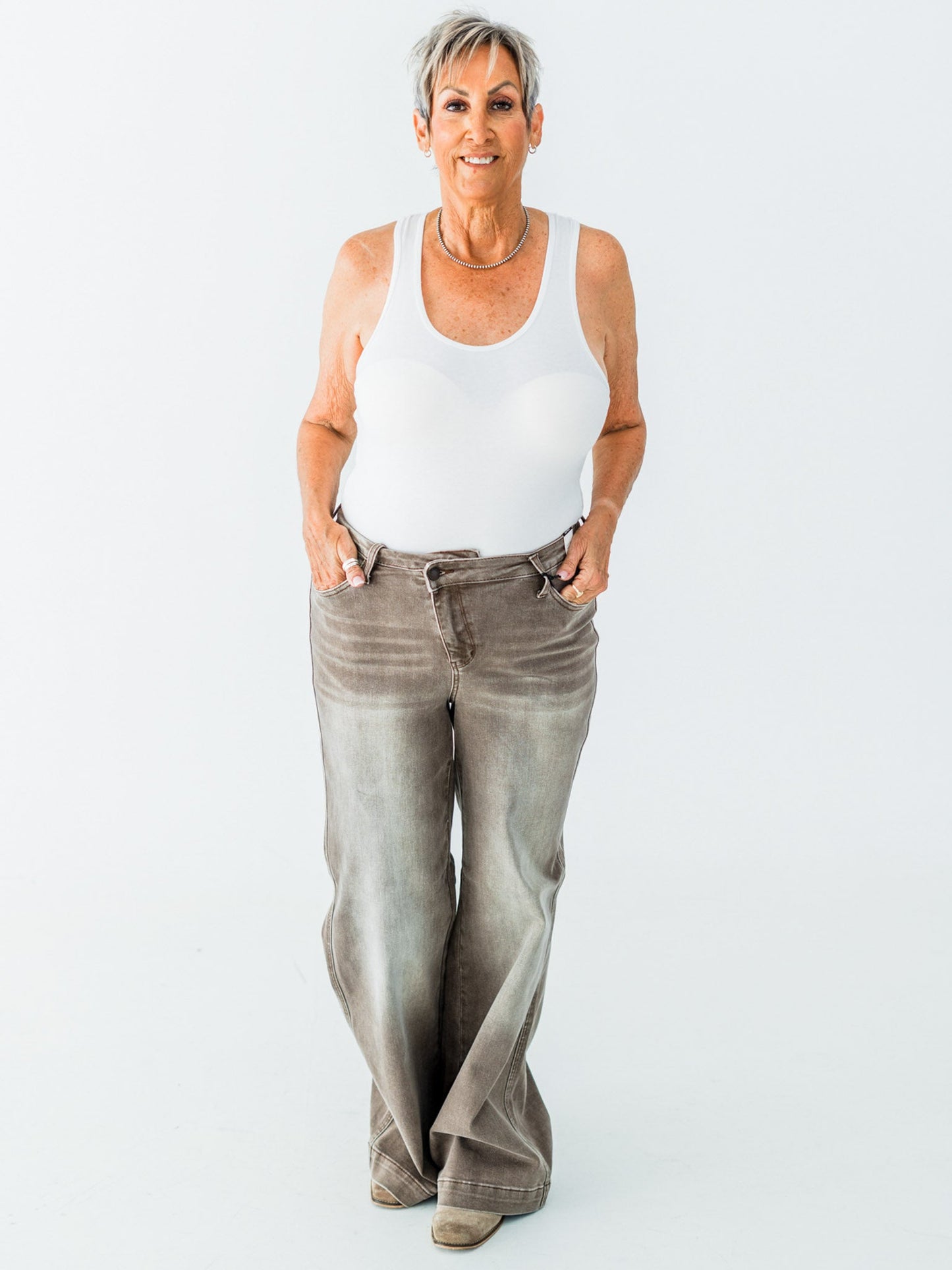 Judy Blue High - Waist Wide Leg Clay Yarned Dyed Criss Cross Waist Band Jeans - Whiskey Skies - JUDY BLUE