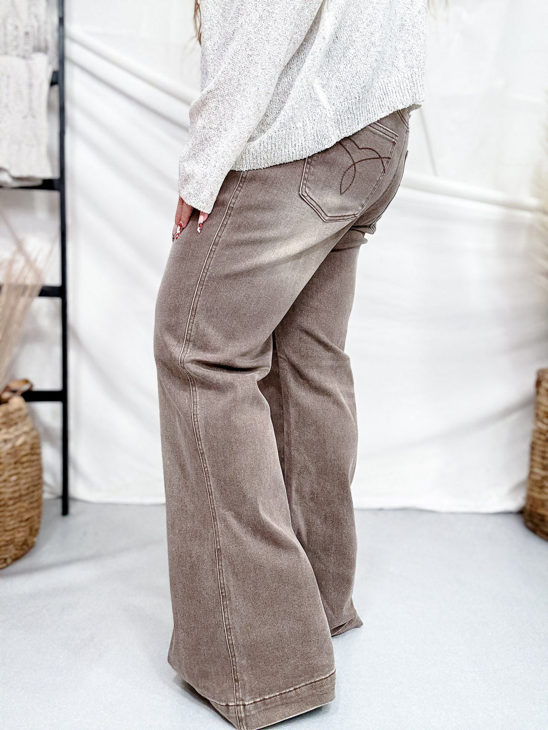 Judy Blue High - Waist Wide Leg Clay Yarned Dyed Criss Cross Waist Band Jeans - Whiskey Skies - JUDY BLUE