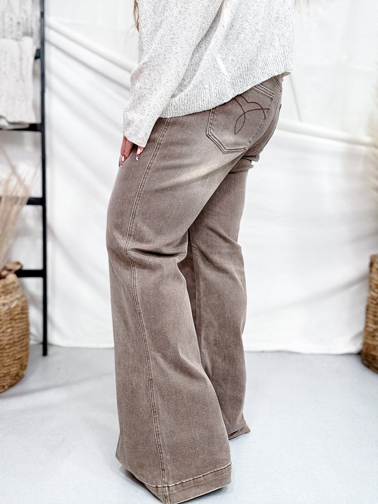 Judy Blue High - Waist Wide Leg Clay Yarned Dyed Criss Cross Waist Band Jeans - Whiskey Skies - JUDY BLUE