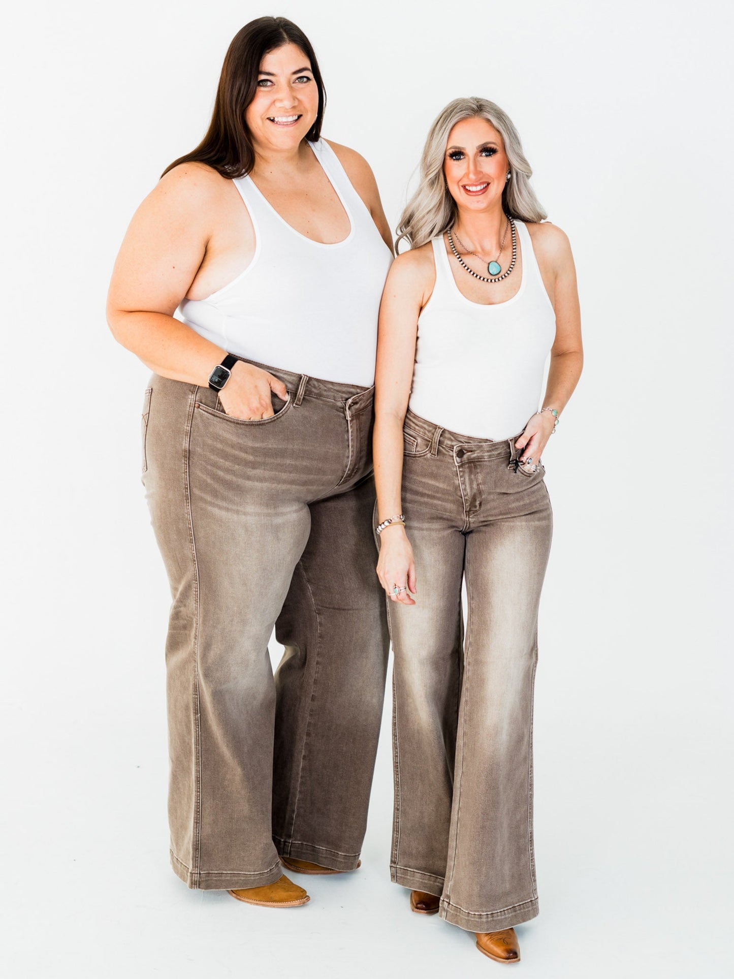 Judy Blue High - Waist Wide Leg Clay Yarned Dyed Criss Cross Waist Band Jeans - Whiskey Skies - JUDY BLUE