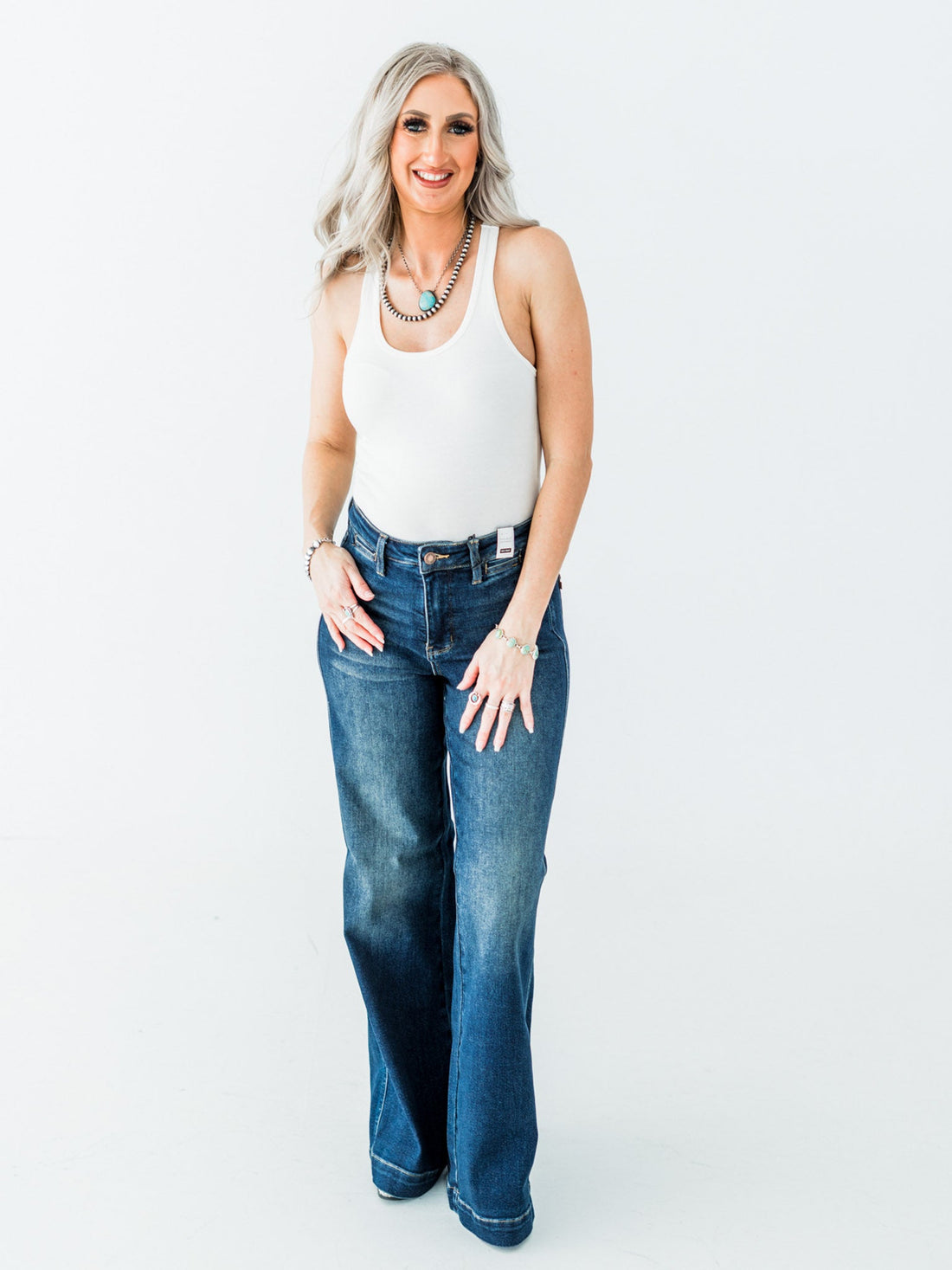 Judy Blue High - Waist Wide Leg Tummy Control Front Welt Pocket Jeans - Whiskey Skies - JUDY BLUE