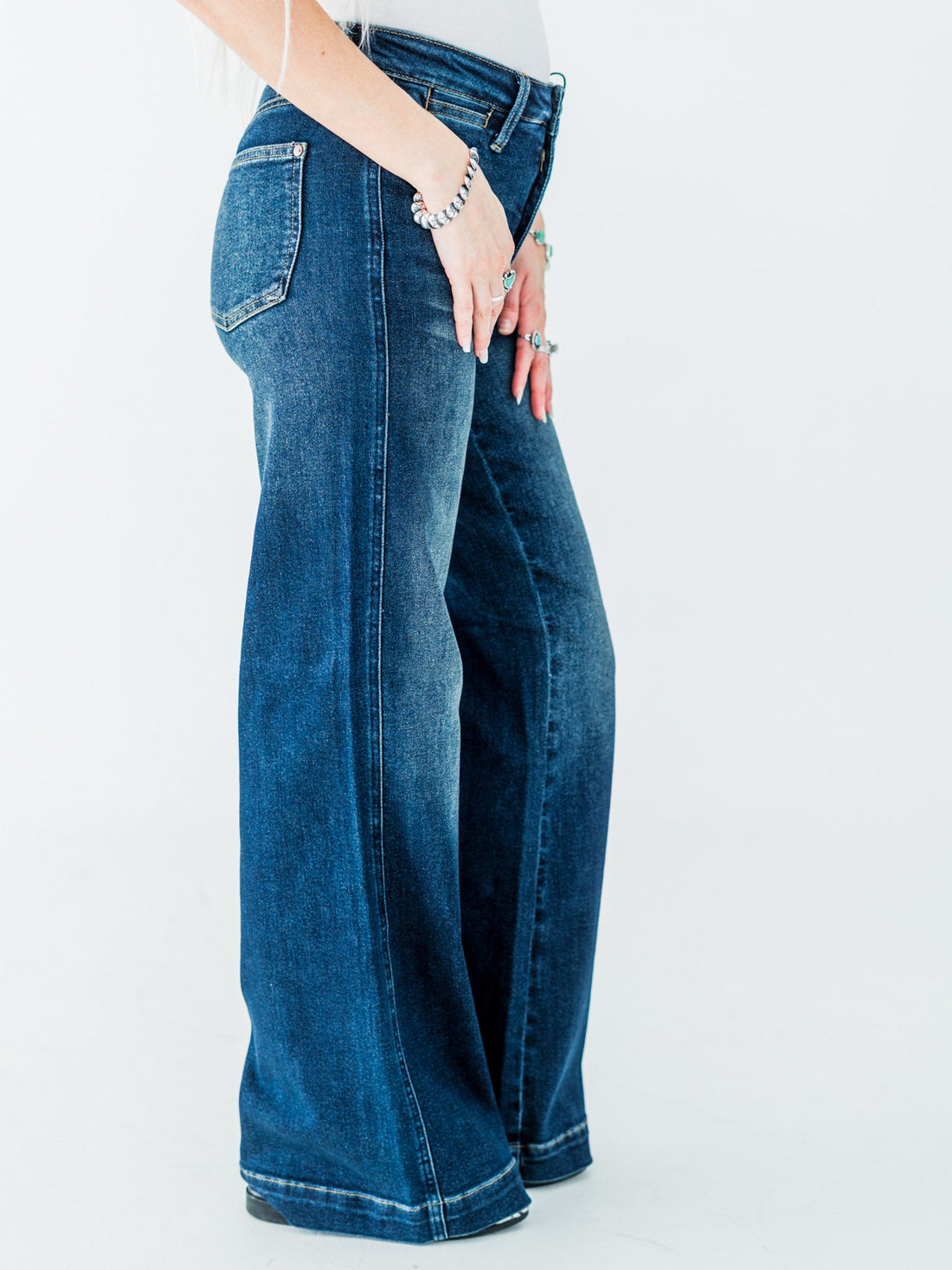 Judy Blue High - Waist Wide Leg Tummy Control Front Welt Pocket Jeans - Whiskey Skies - JUDY BLUE