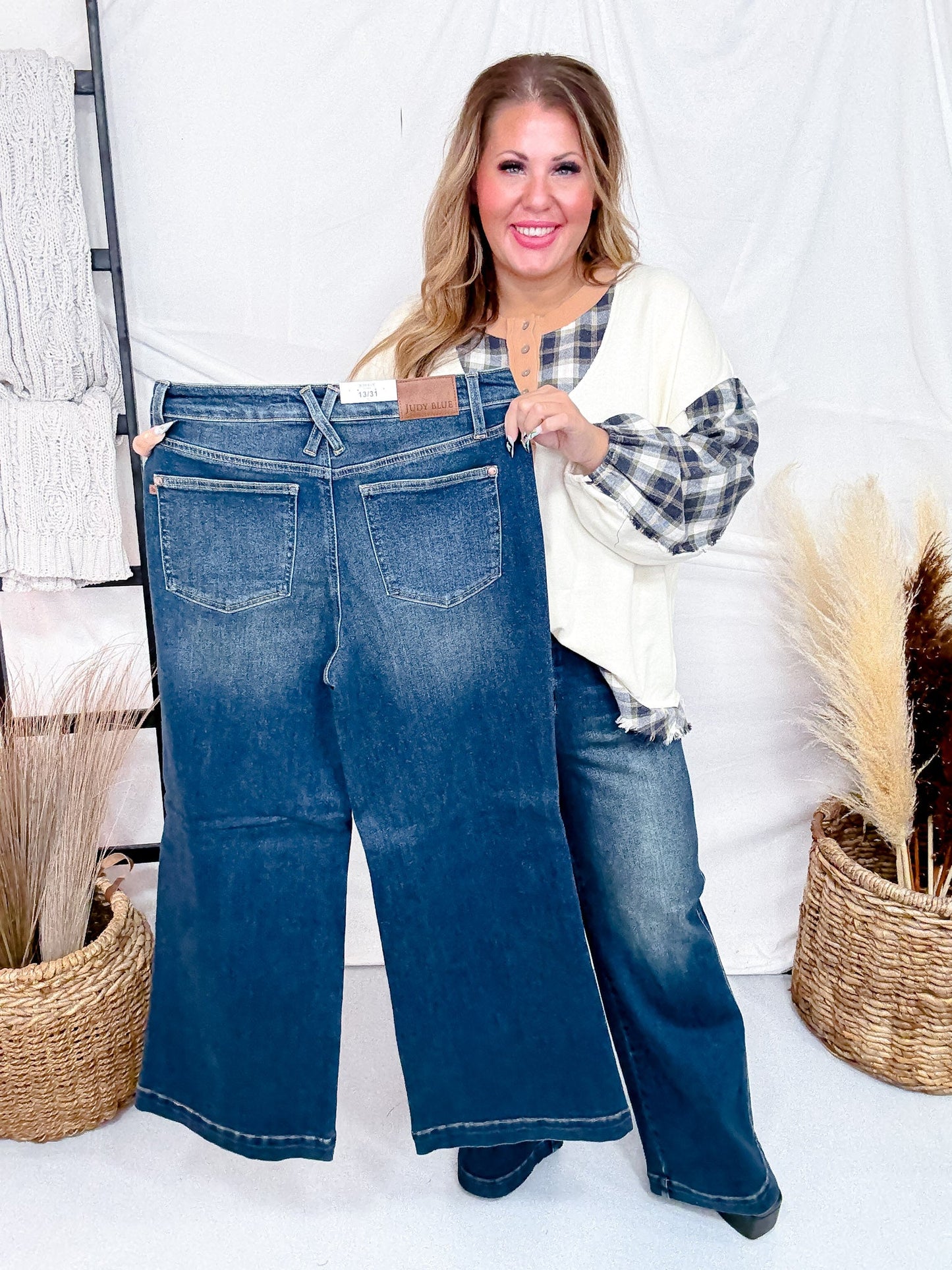 Judy Blue High - Waist Wide Leg Tummy Control Front Welt Pocket Jeans - Whiskey Skies - JUDY BLUE